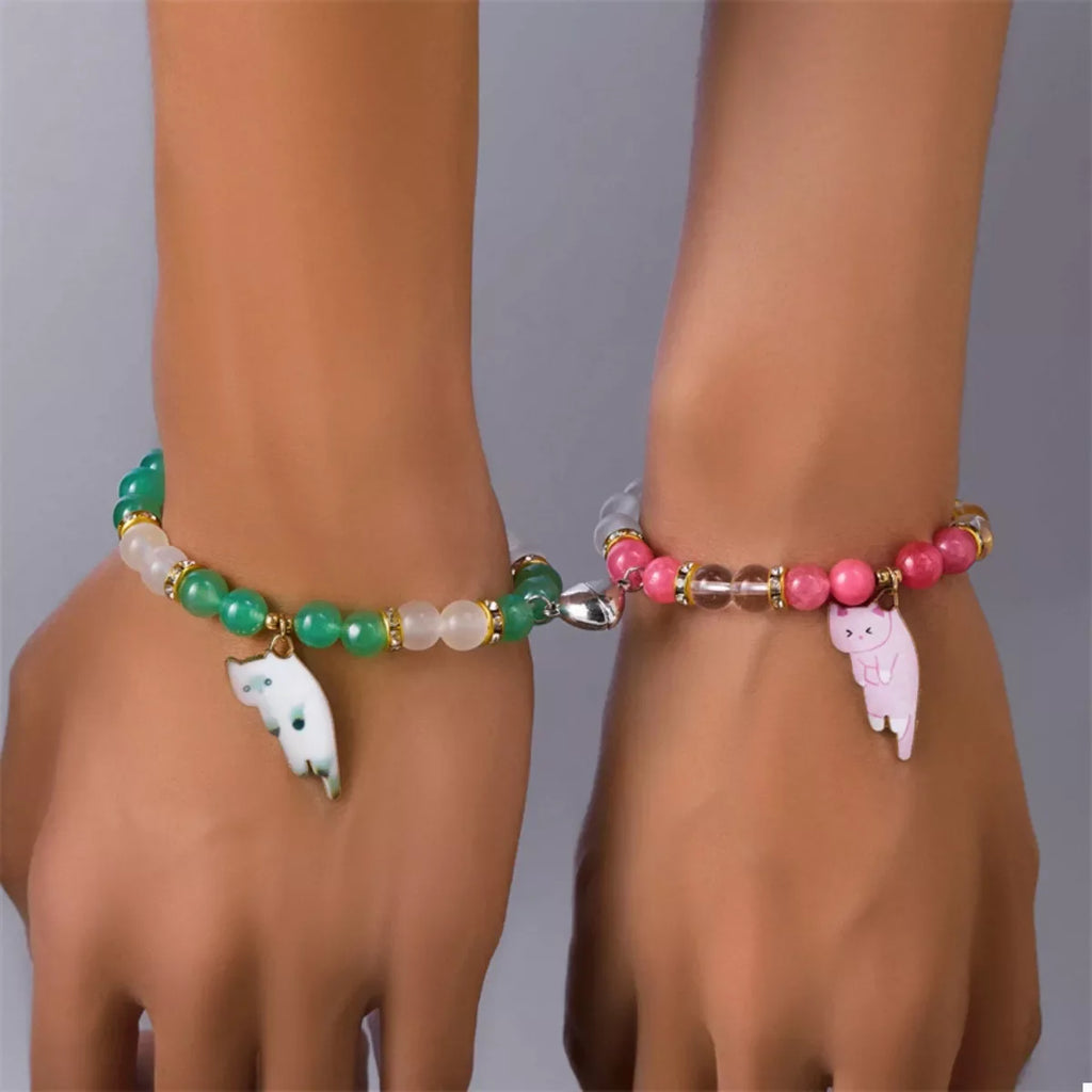 2 Piece Beaded Cat Charm Bracelet