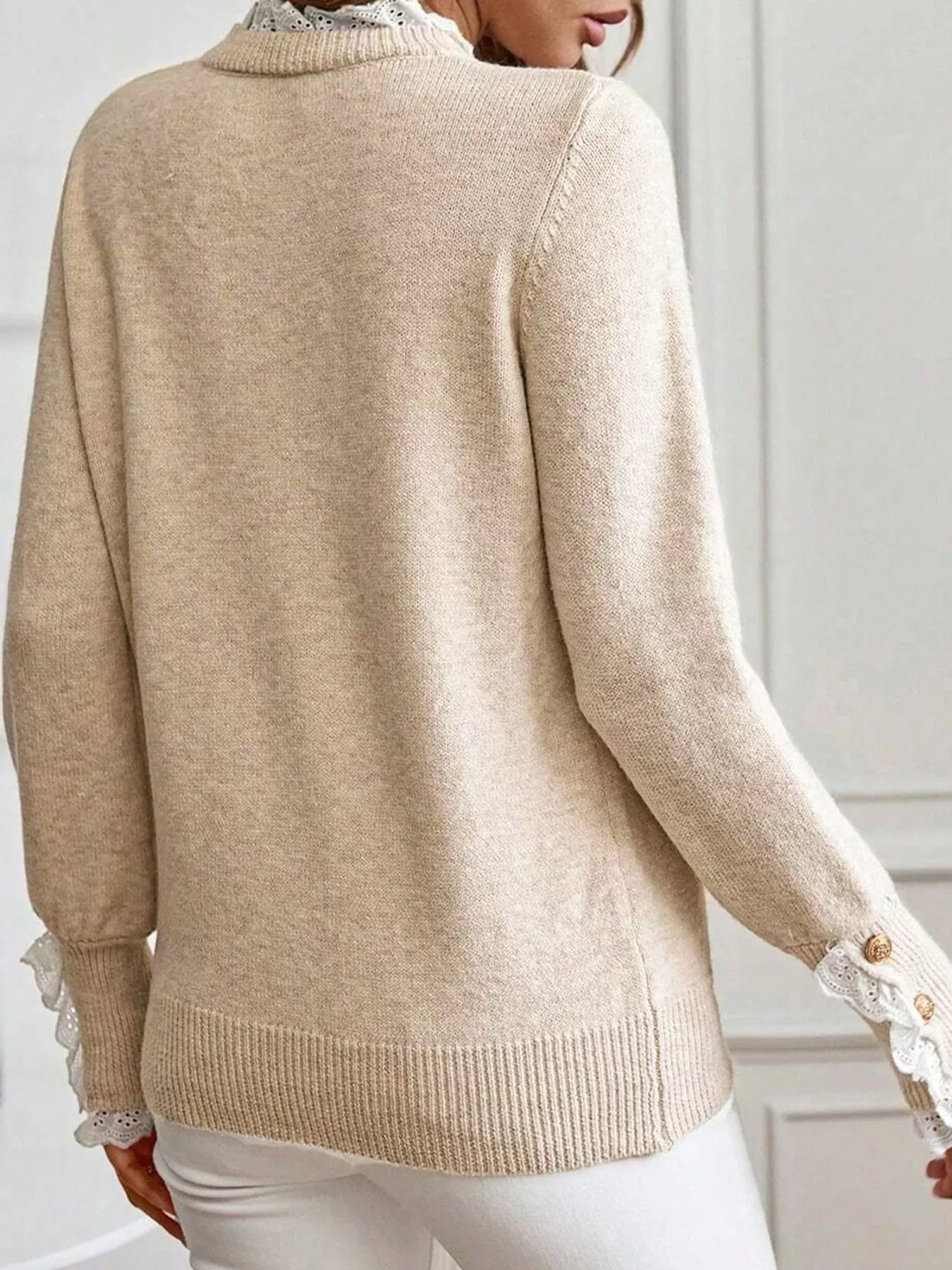 Lace Trim Button Cuff Long Sleeve Sweater