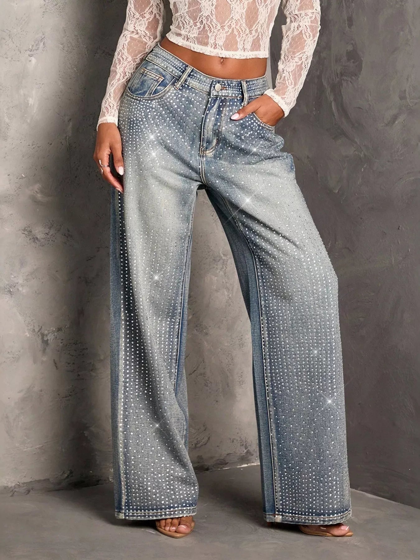 Rhinestone Wide-Leg Jeans