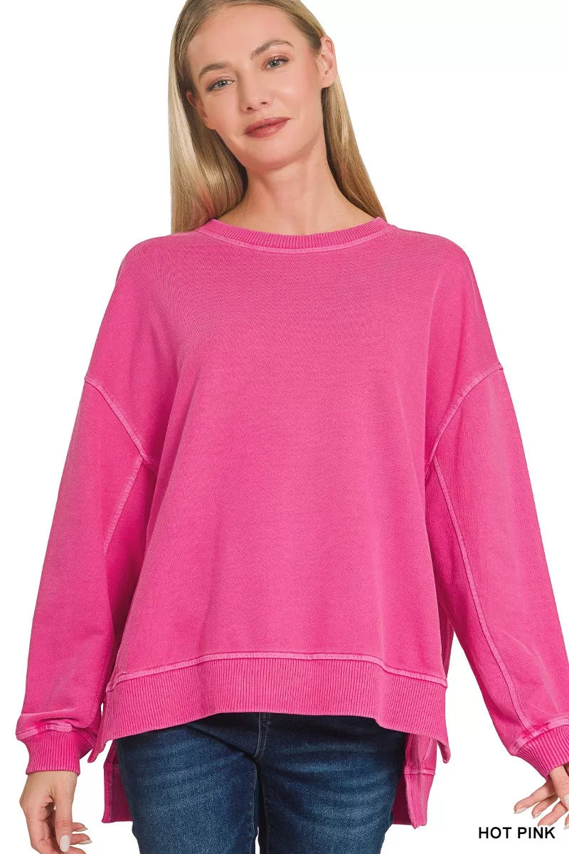 Zenana Full Size French Terry Pigment Dye & Enzyme Washing Pullover Plus Size