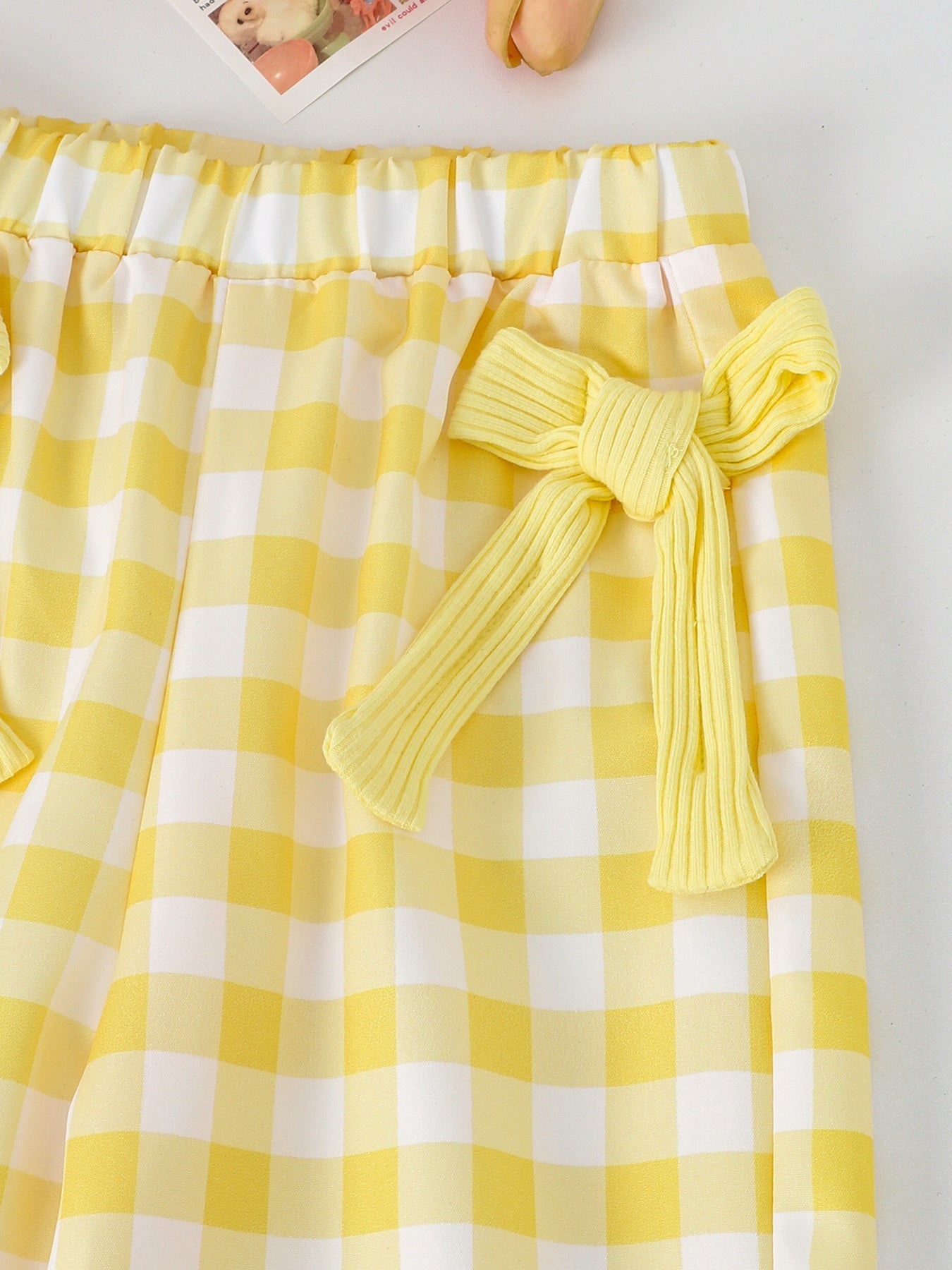 Children's Ribbed Tank Top and Plaid Pants Set with Bows