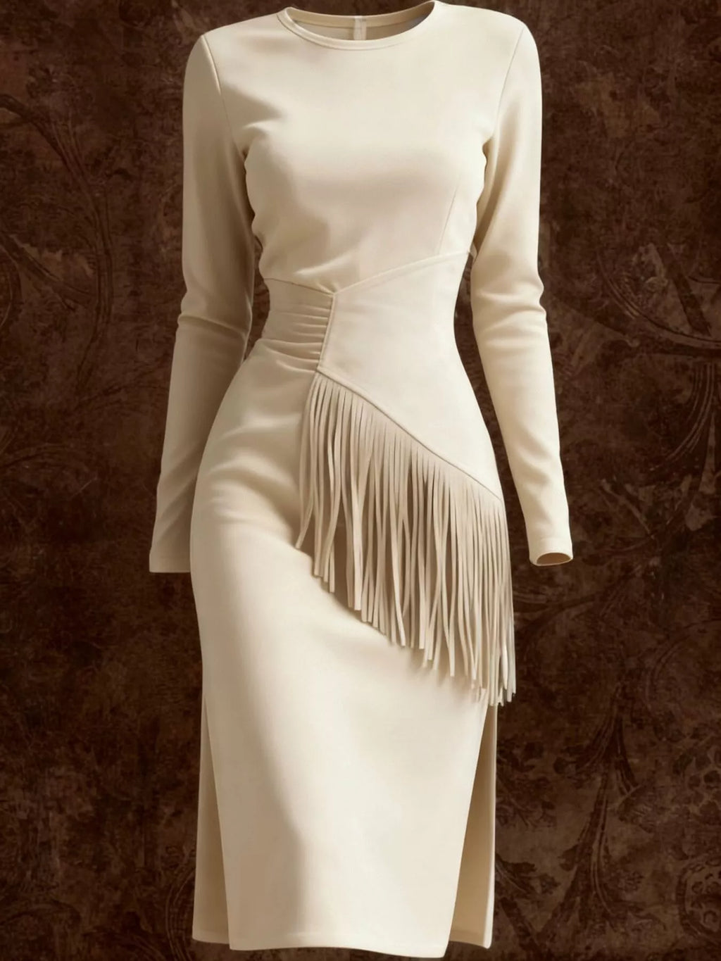 Suede Fringe Long Sleeve Midi Dress