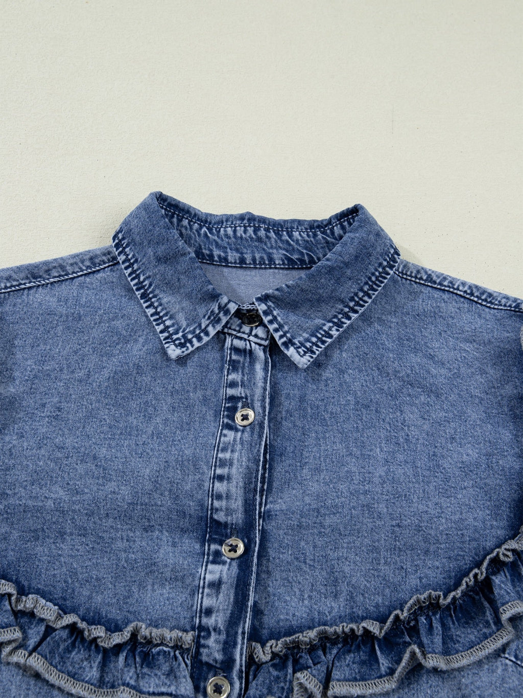 intage Wash Denim Ruffle Detail Button Down Shirt