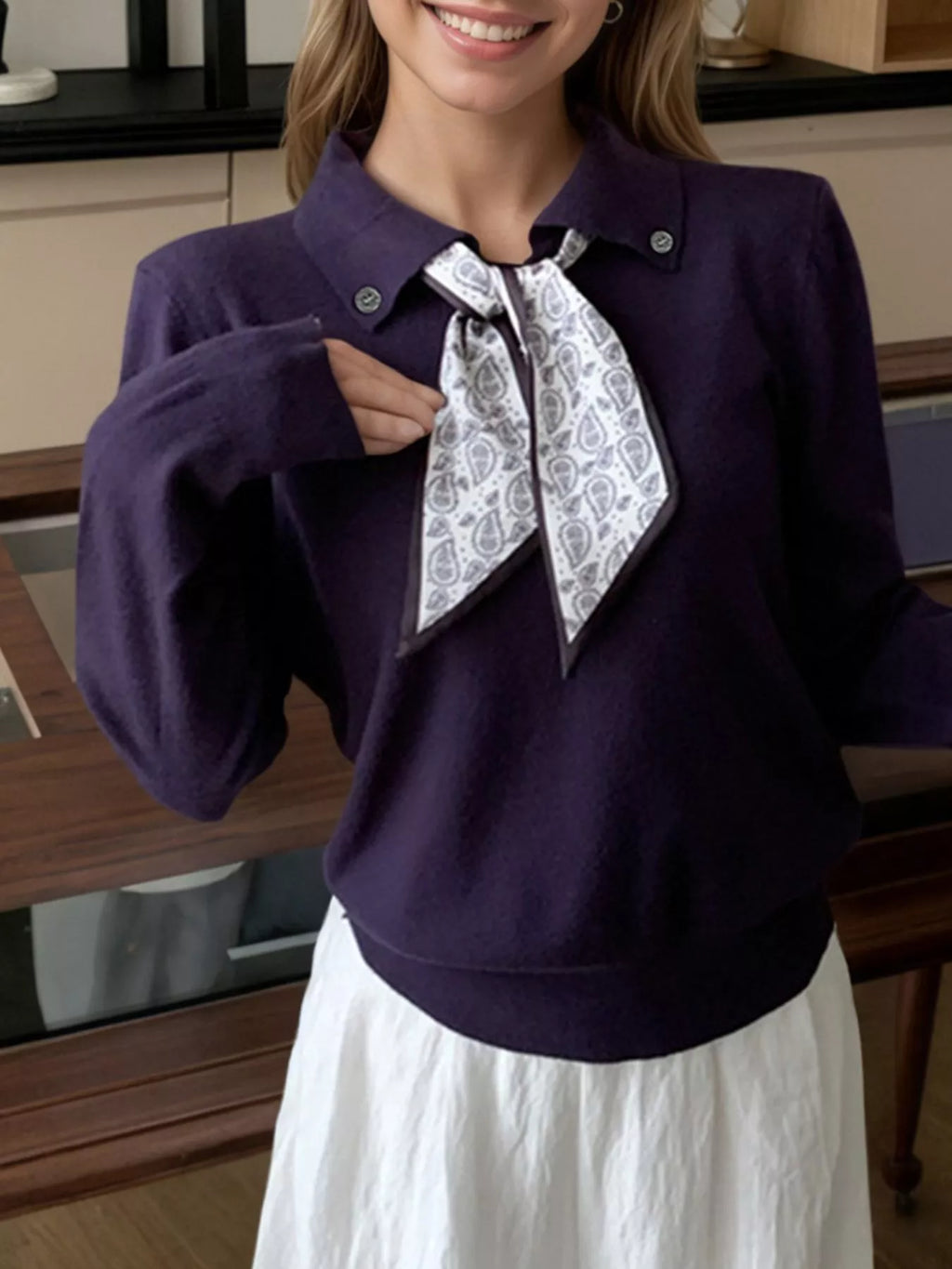 Scarf-Accented Long Sleeve Sweater