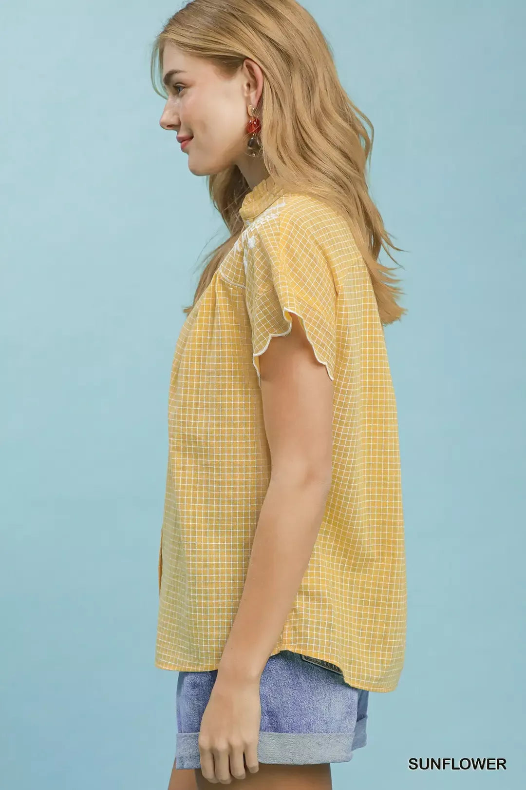 Umgee Embroidered Print Scallop Sleeve Button Front Blouse