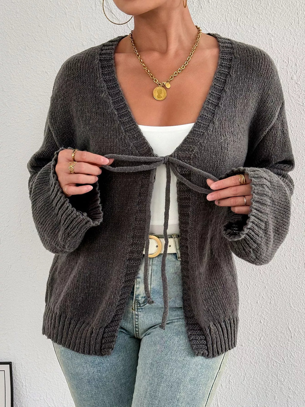 Tie-Front Dropped Shoulder Cardigan