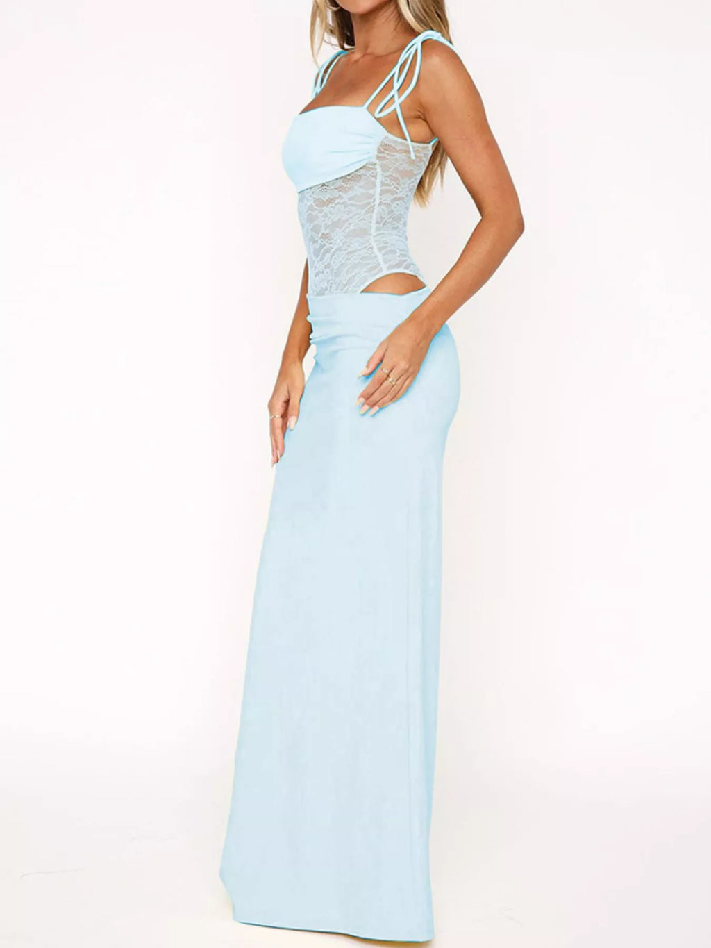 Lace Cutout Tie Shoulder Maxi Dress