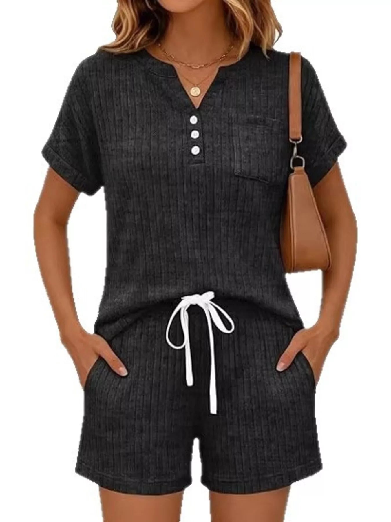 Casual Ribbed Knit Tee and Shorts Set