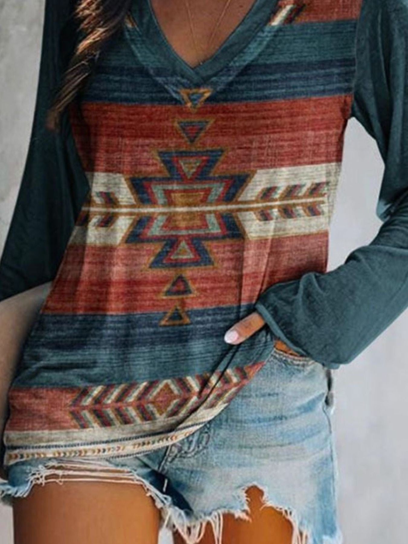 Full Size Geometric V-Neck Long Sleeve T-Shirt Plus Size