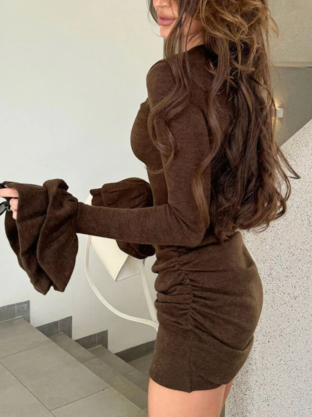 Ruched Flounce Sleeve Mini Dress