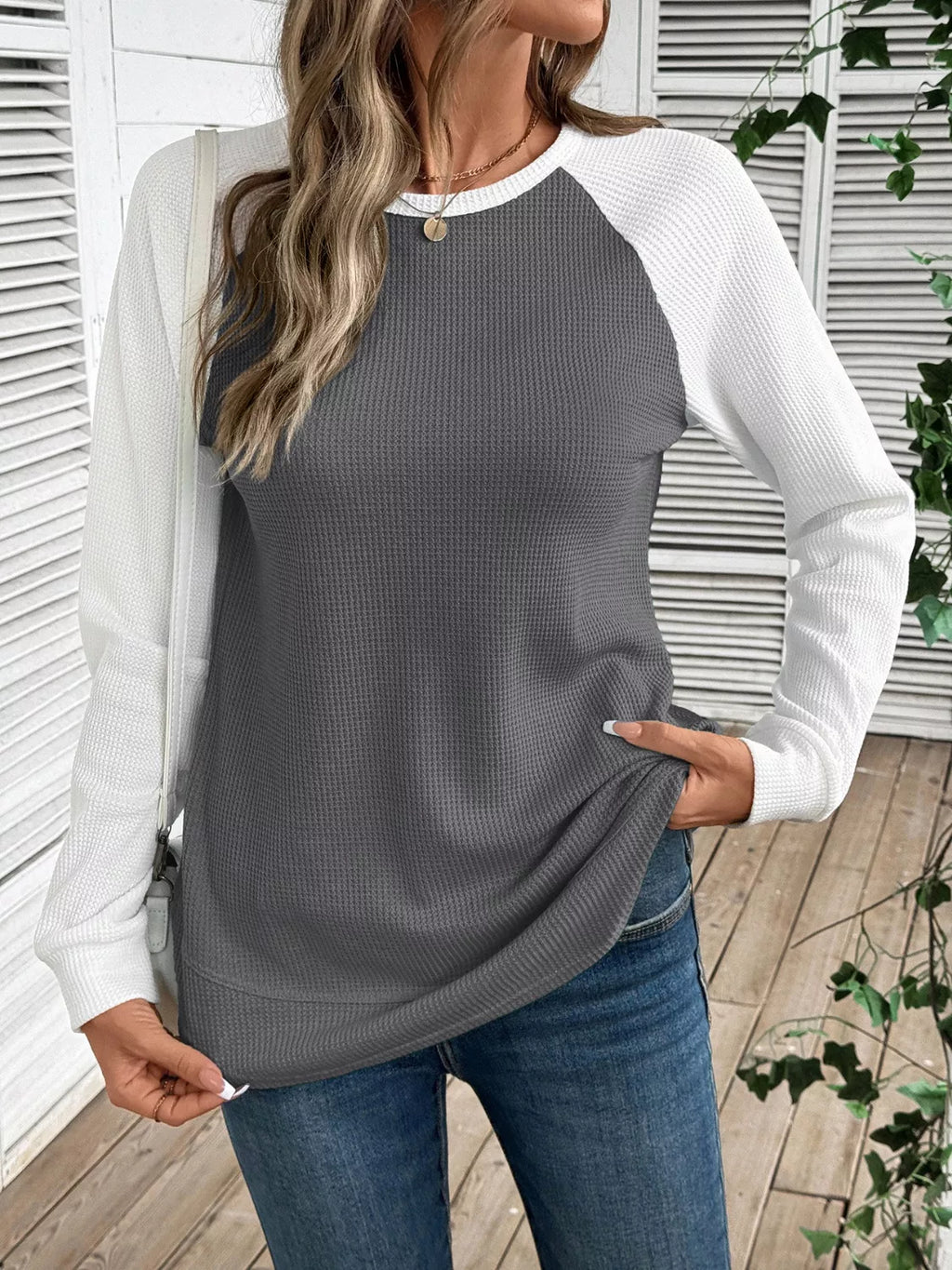 Waffle Knit Raglan Sleeve T-Shirt