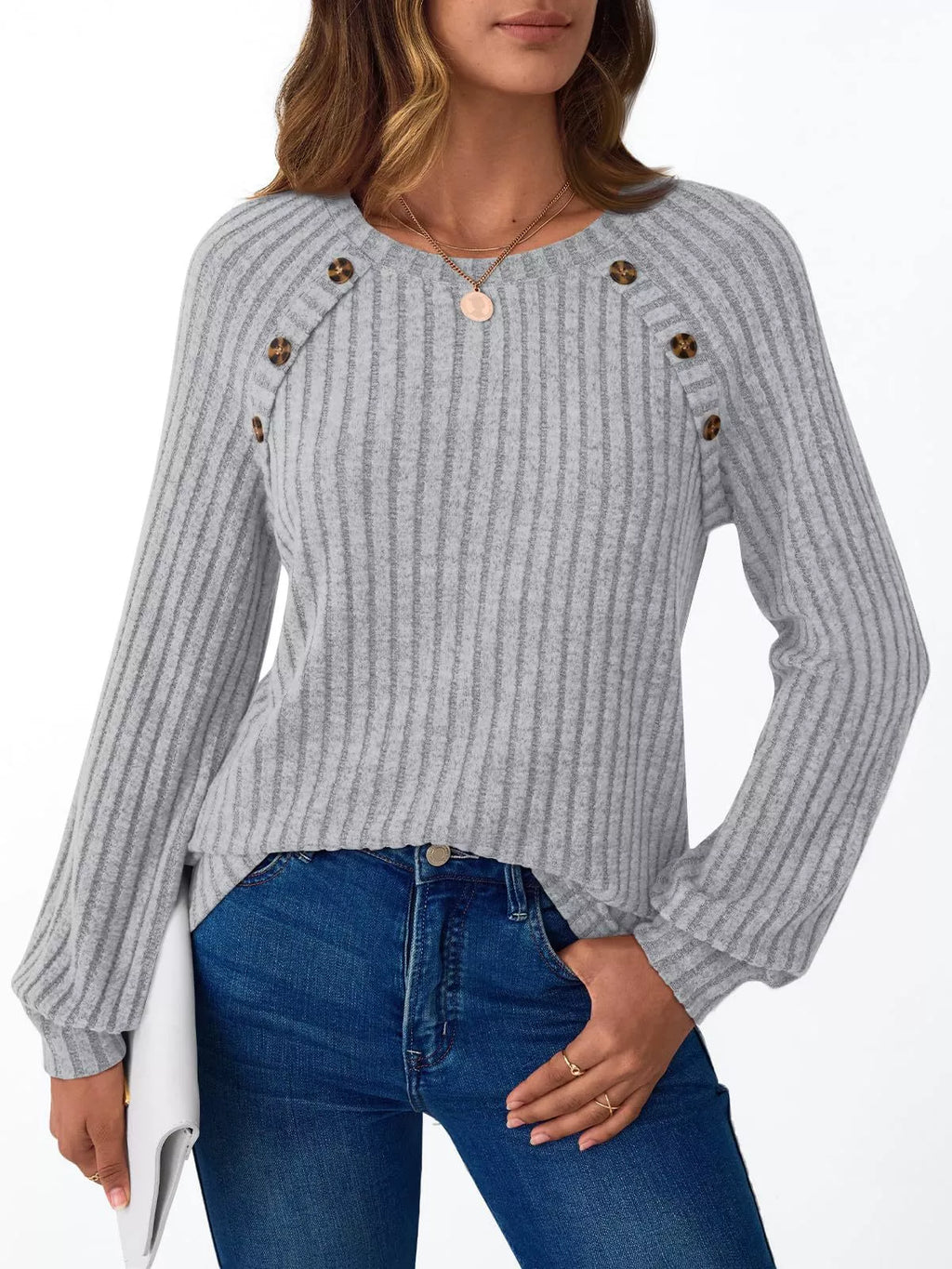 Ribbed Knit Decor Button Long Sleeve T-Shirt