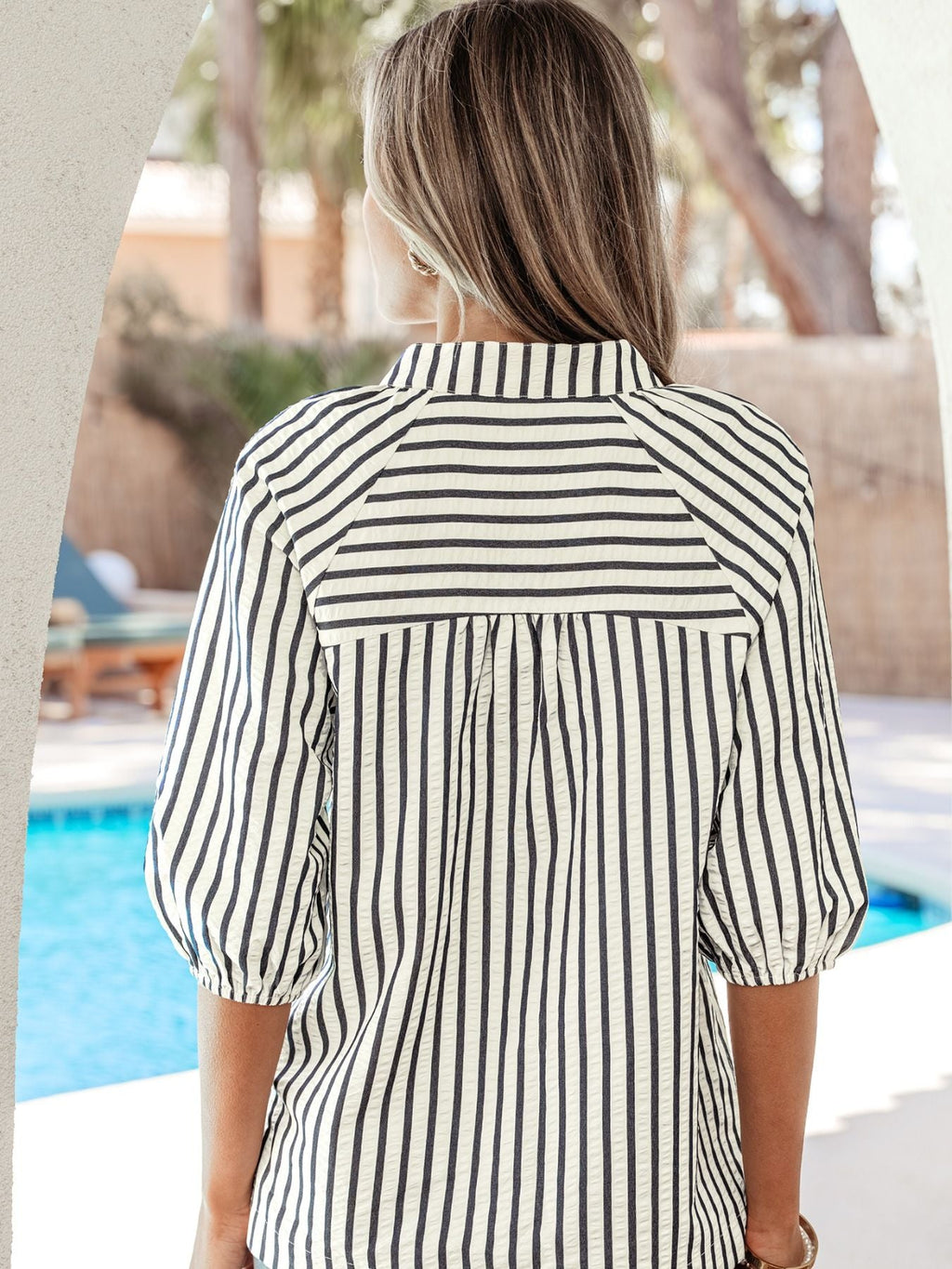 Stripe Floral Embroidered Detail V Neck Short Sleeve Blouse