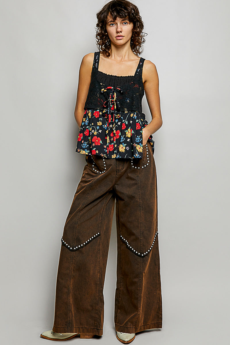 POL Ribbed Sleeveless Top with Lace Bust Floral Woven Patch