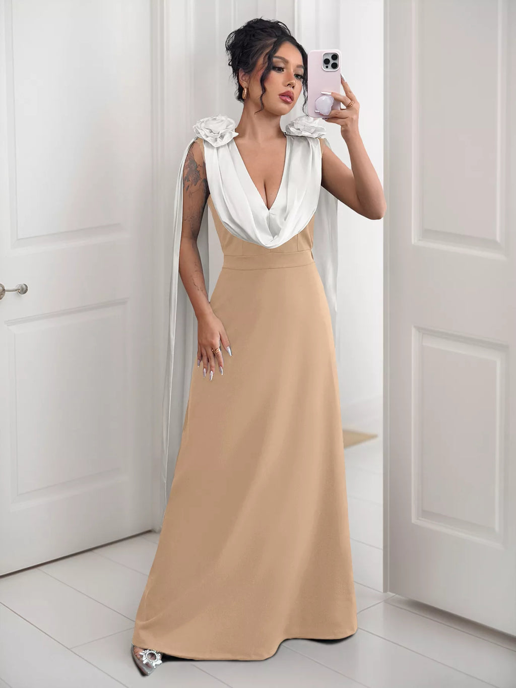 Floral Applique Two Tone Maxi Dress