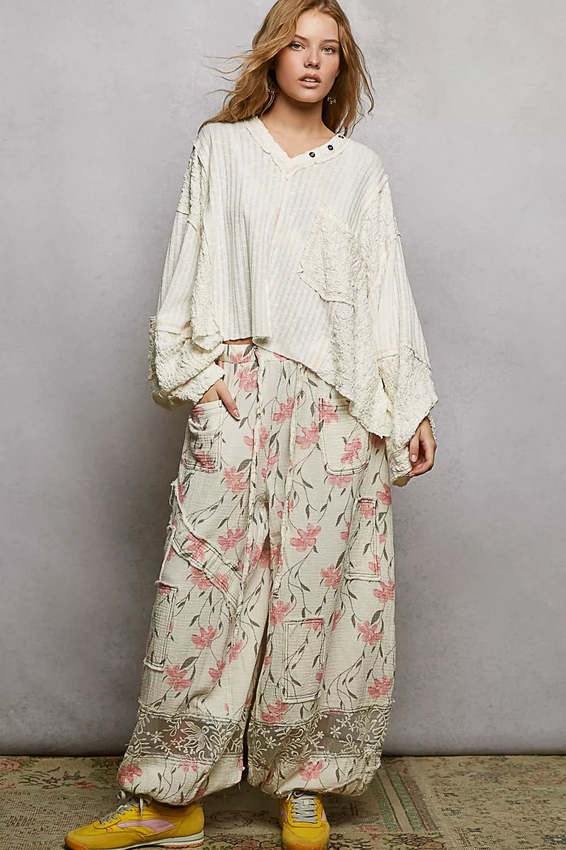 POL V-Neck Long Sleeve Top with Stitch Detail