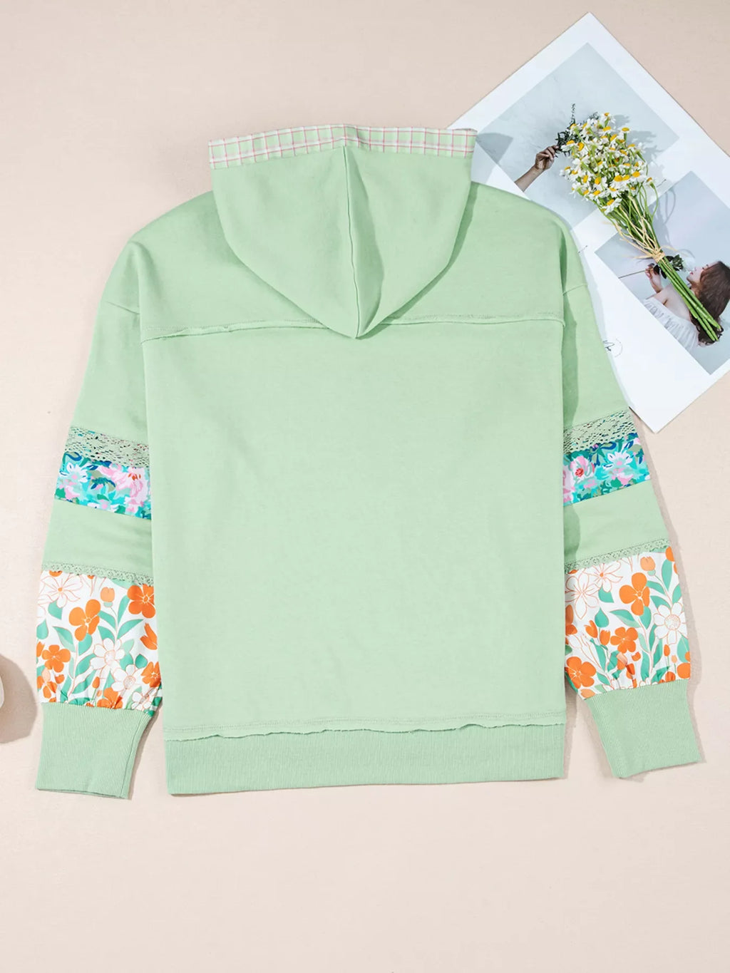 Lace Floral Patchwork Half Button Hooded Top
