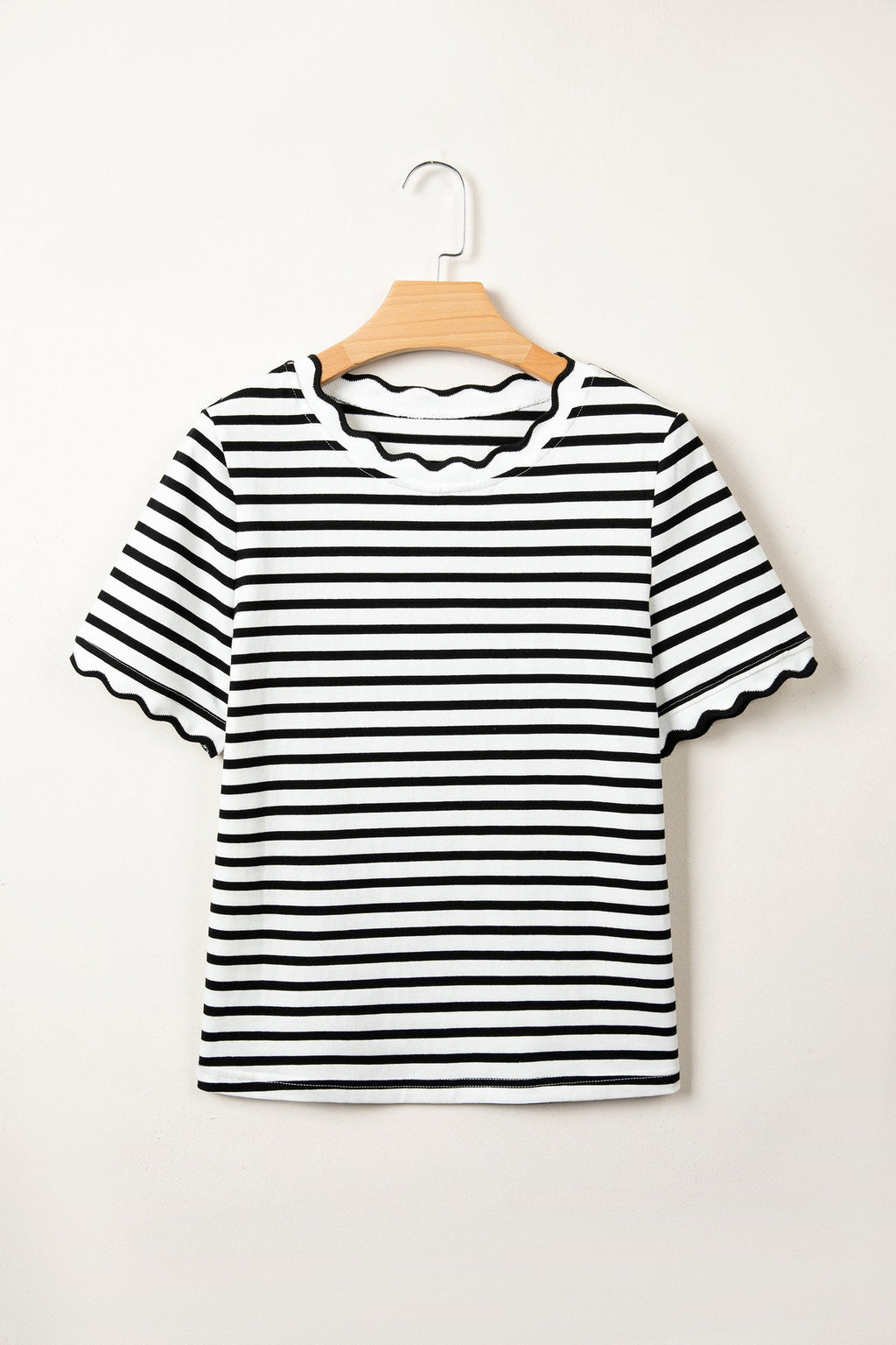 Stripe Scalloped Trim Round Neck T-Shirt