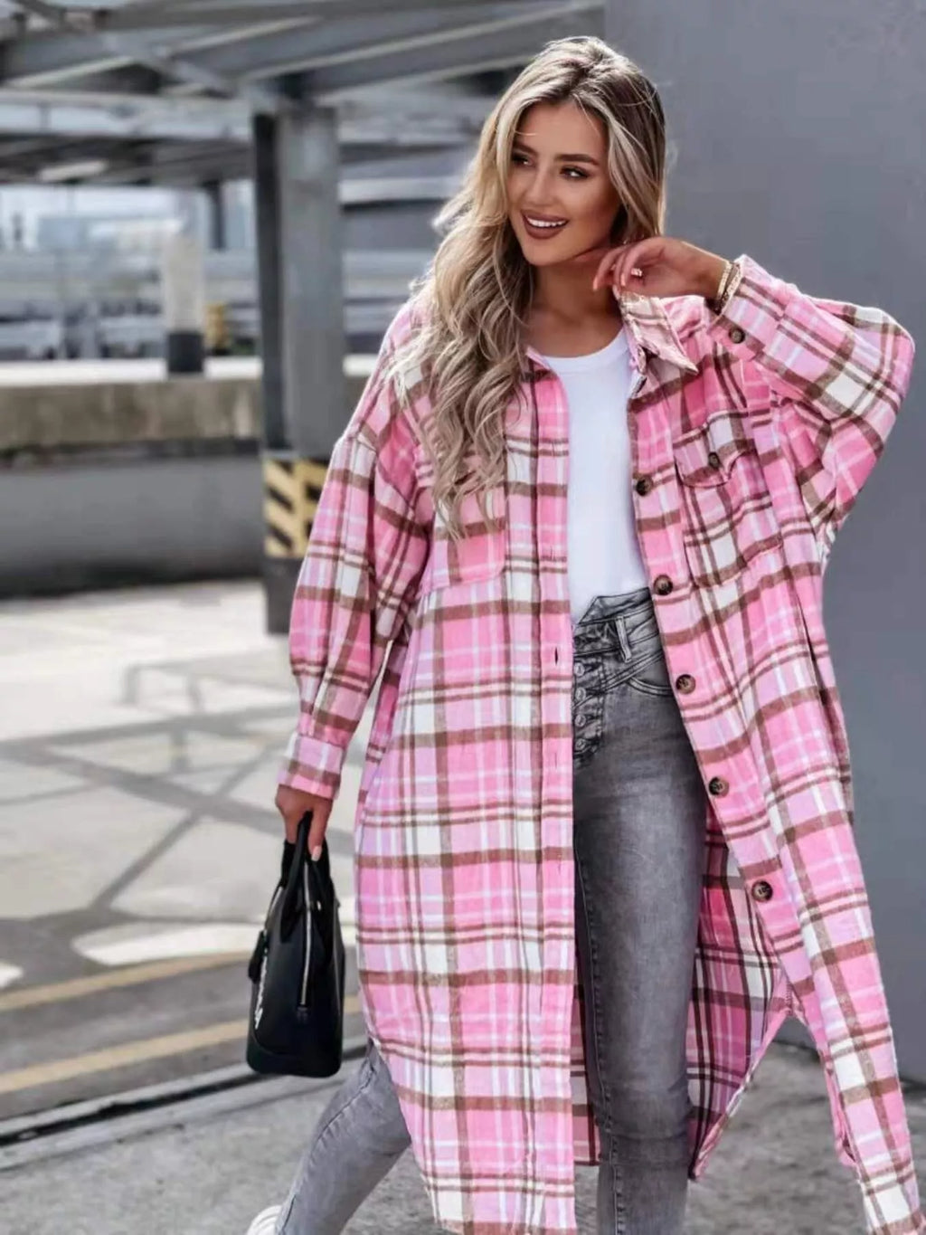 Plaid Button Up Longline Shacket