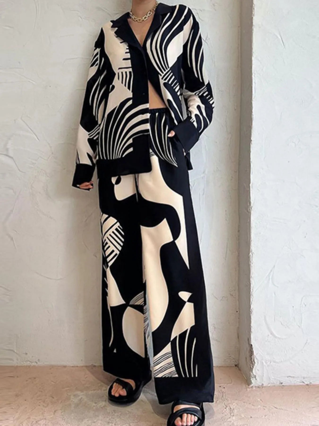Printed Long Sleeve Shirt and Pants Set