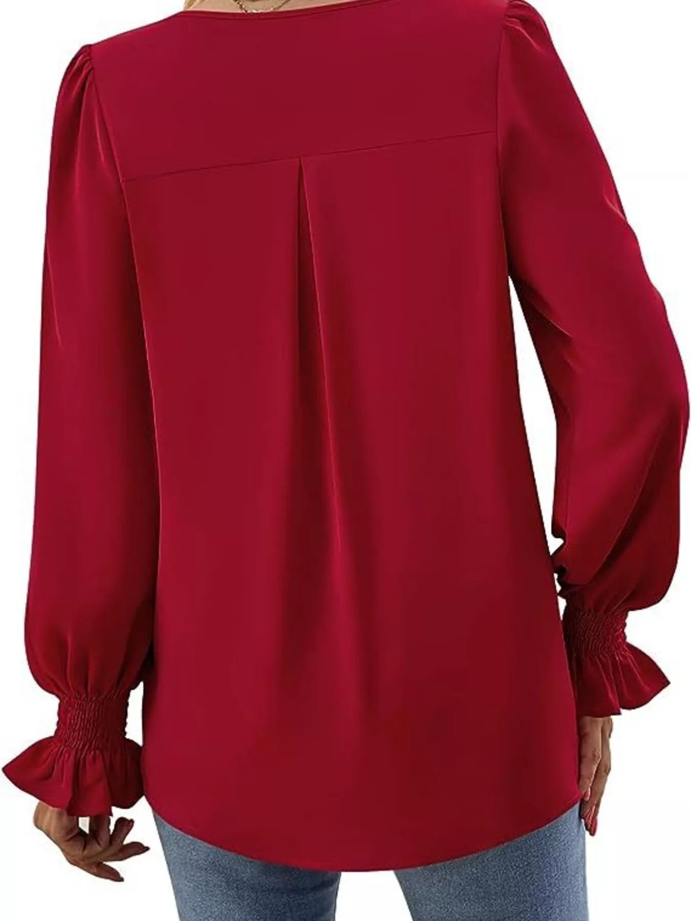 V-Neck Long Sleeve Ruffle Cuff Blouse