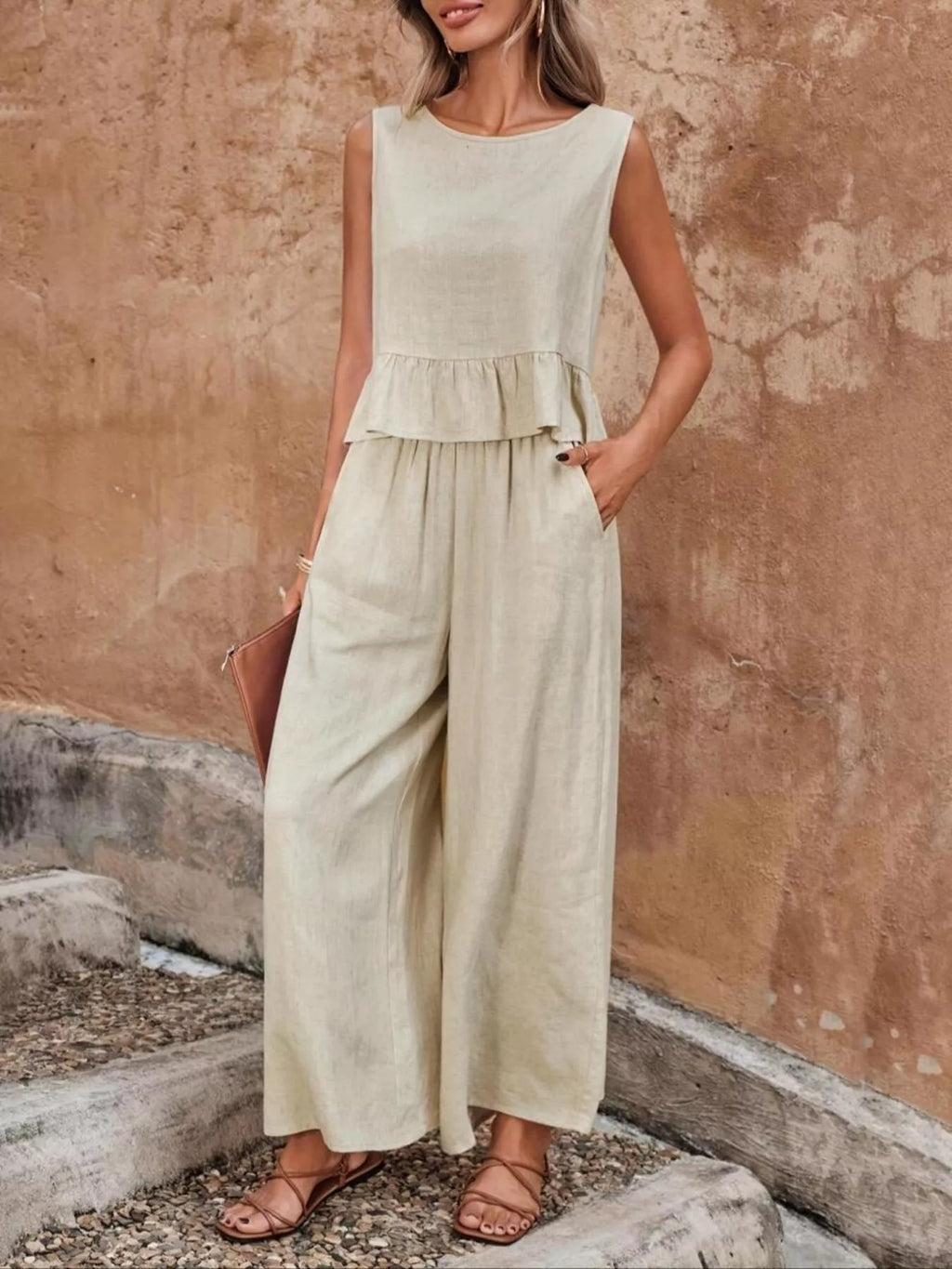 Sleeveless Ruffle Hem Top and Wide Leg Pants Two-Piece Set