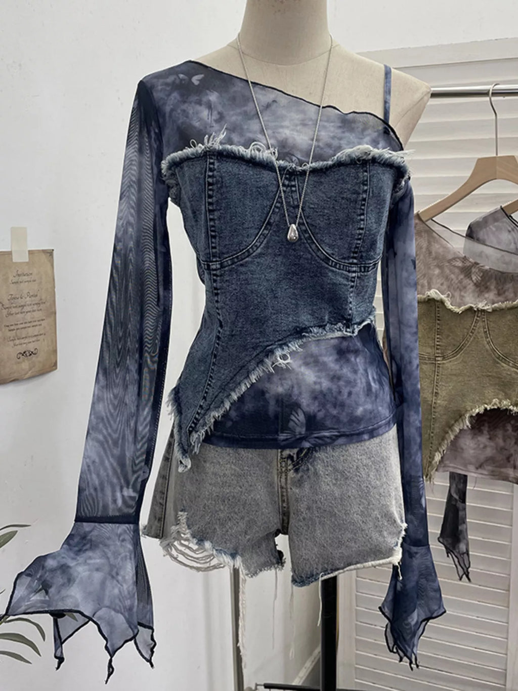 Asymmetrical Neck Denim Patchwork Top