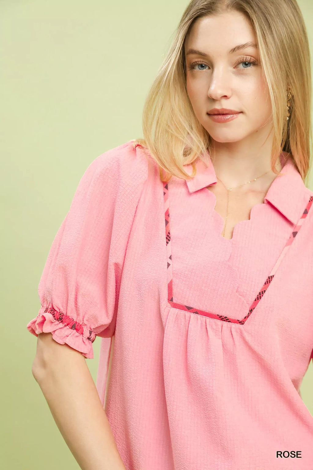 Umgee Scalloped Trim Blouse with Puff Sleeves