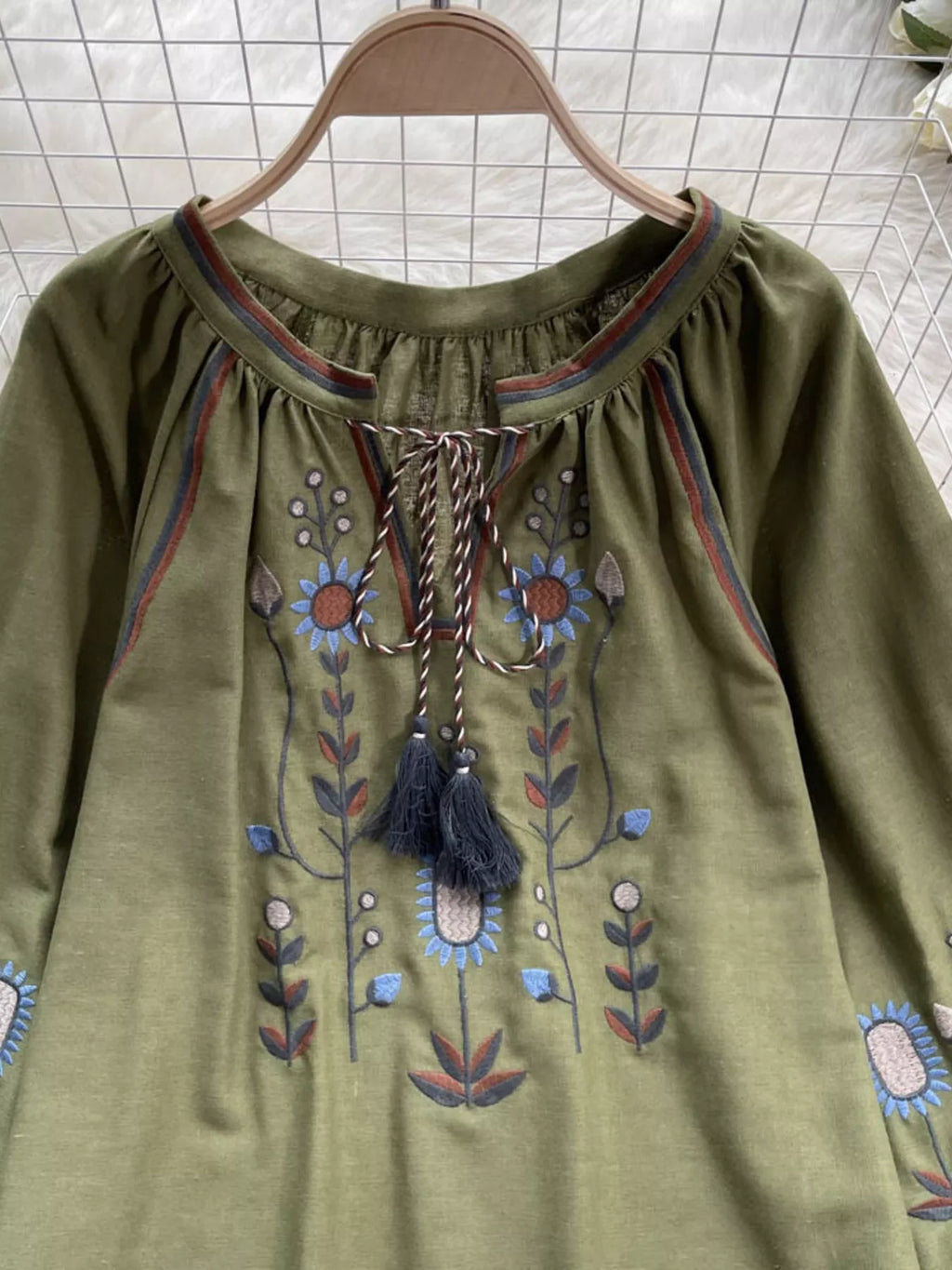 Embroidered Tie Neck Blouse