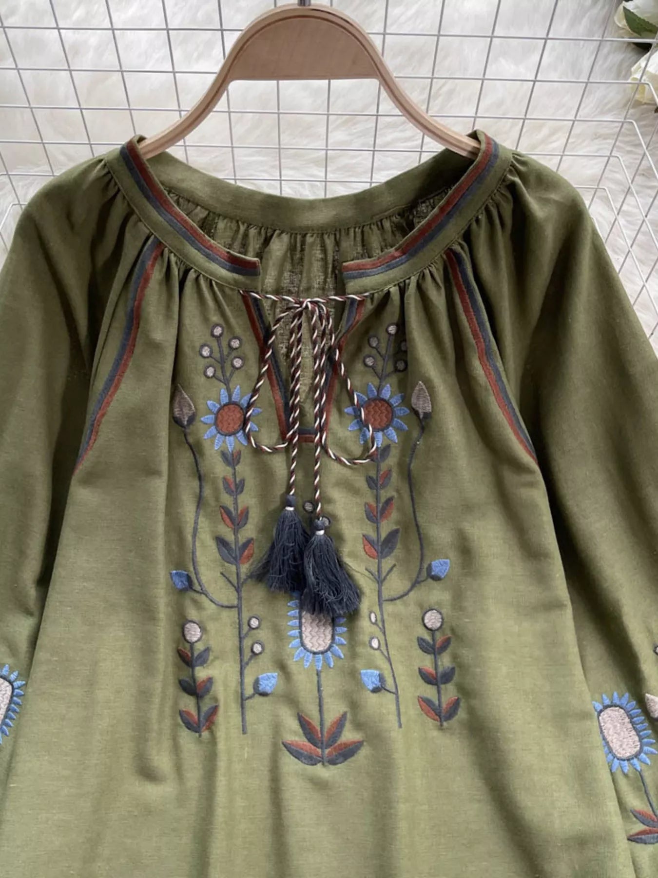 Embroidered Tie Neck Blouse