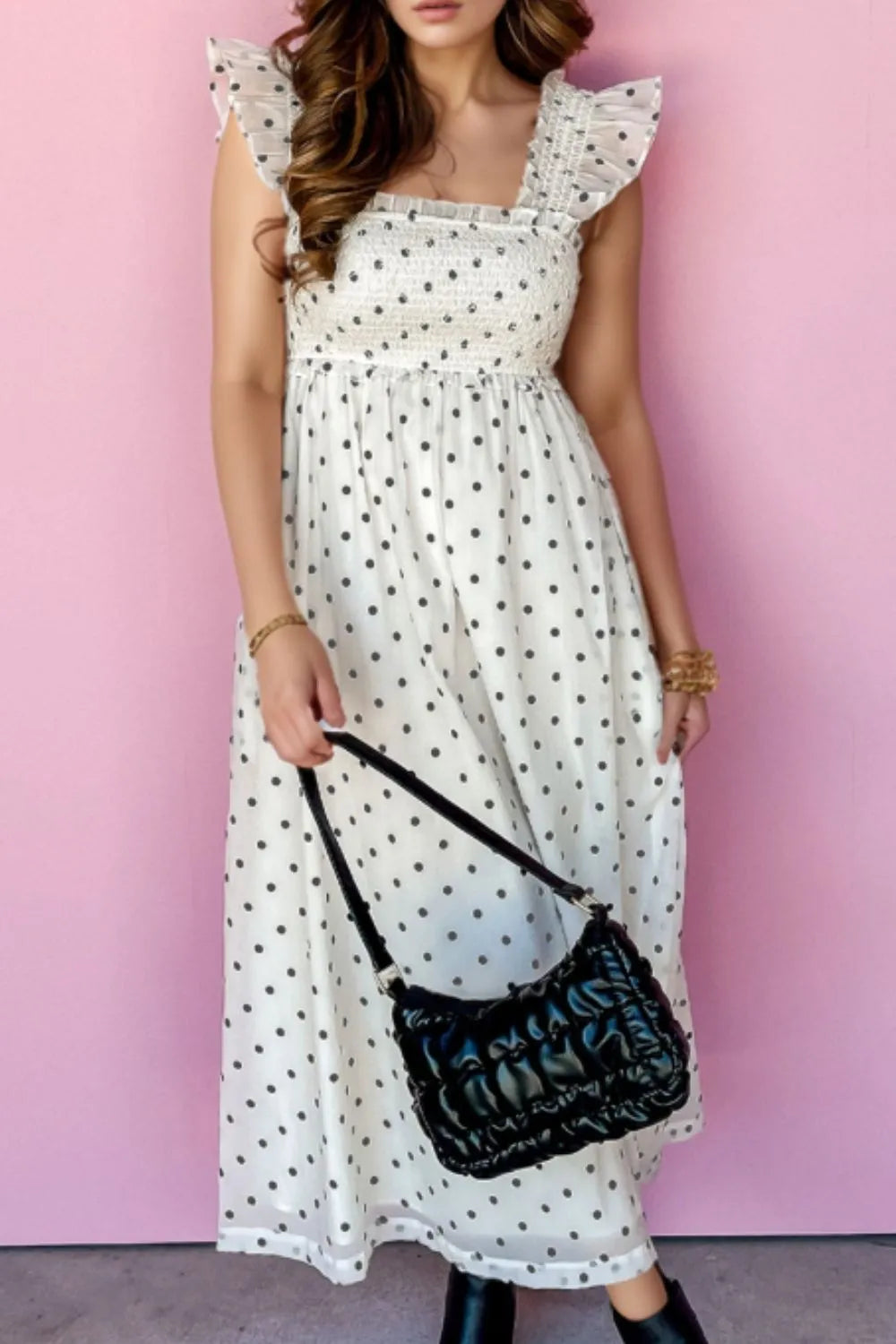 Polka Dot Ruffle Sleeve Smocked Midi Dress