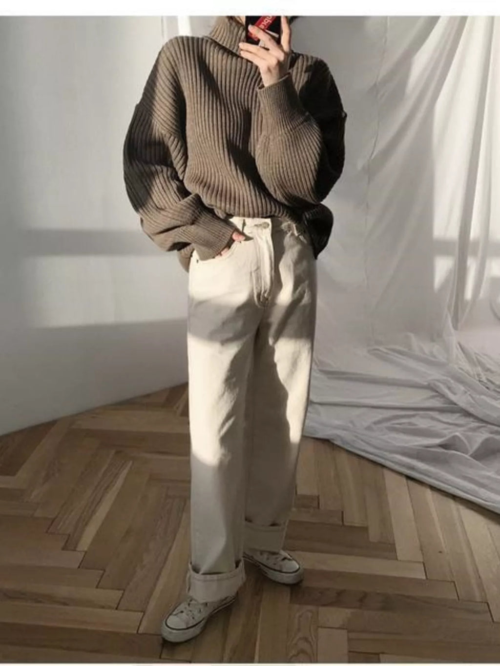 Oversized Turtleneck Ribbed Knit Sweater