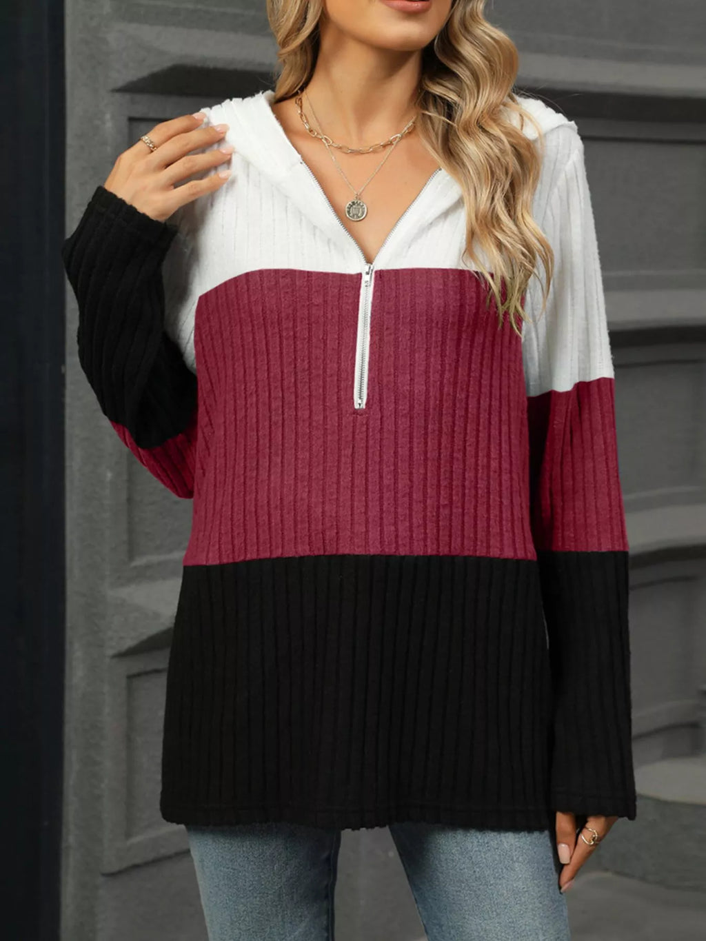 Color Block Half Zip Hooded Top