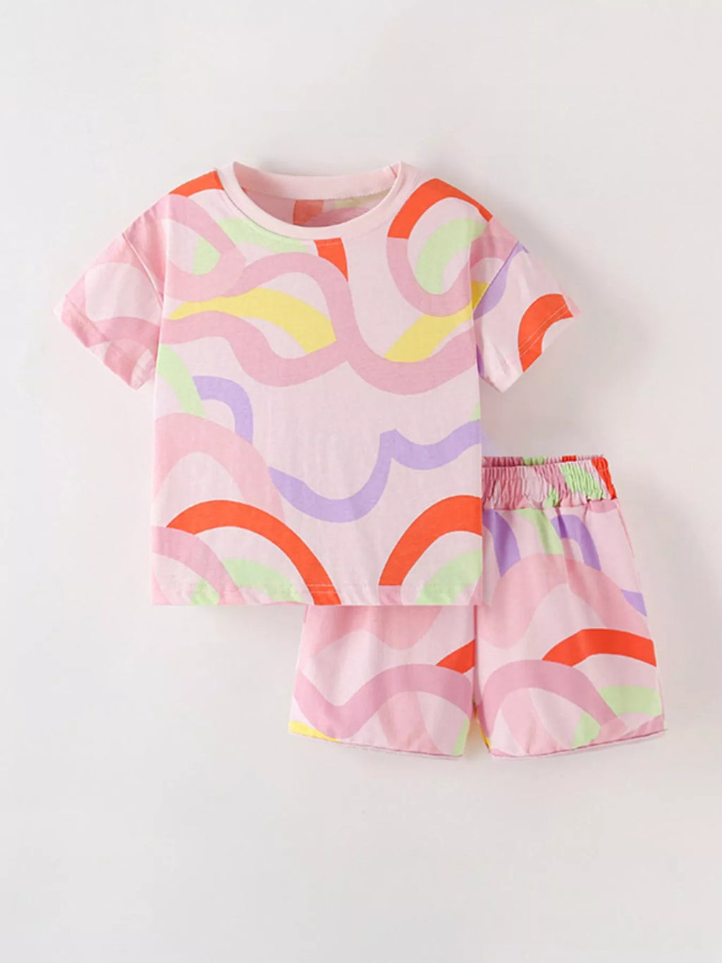Children's Colorful Wave Print Round Neck Tee and Shorts Set