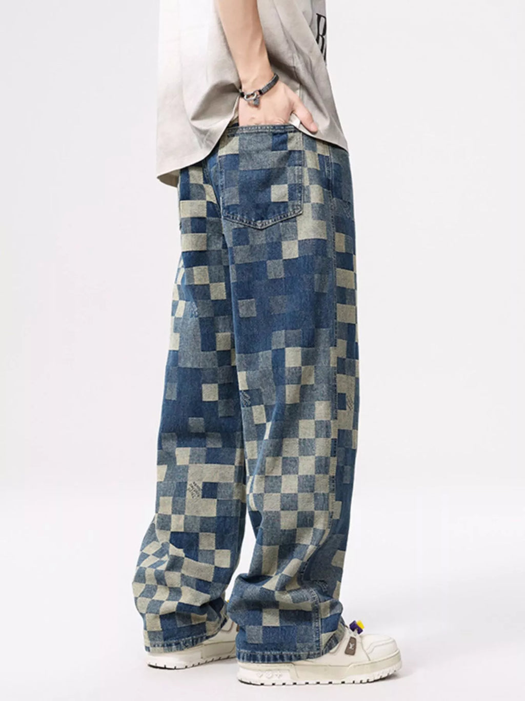 Men's Checkered Wide Leg Jeans