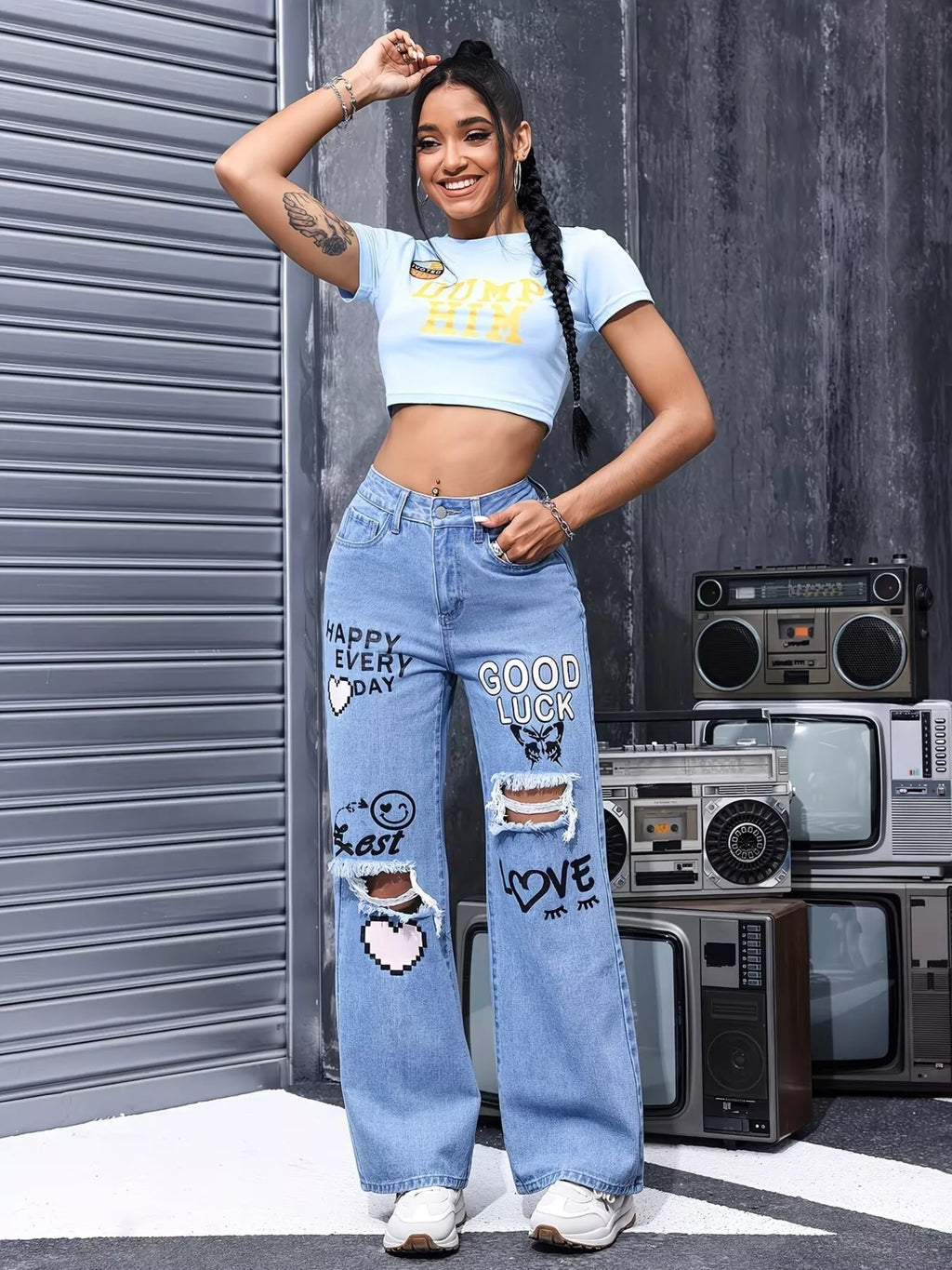 Distressed Printed Wide Leg Jeans
