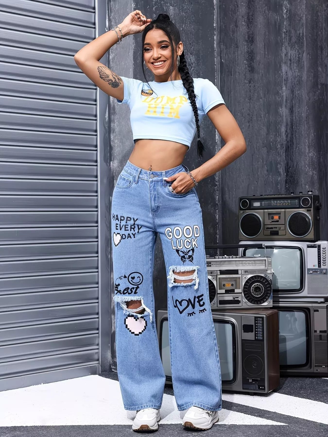 Distressed Printed Wide Leg Jeans