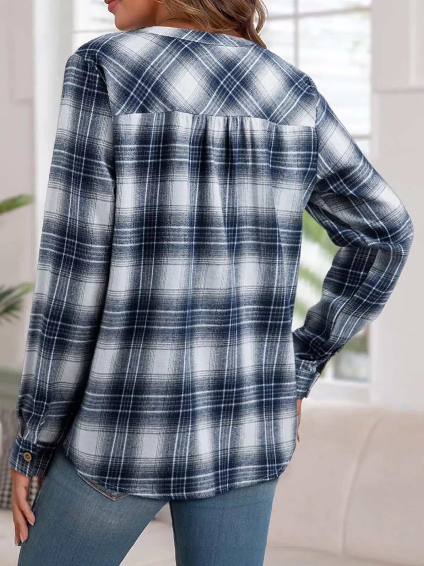 Plaid Half Button Long Sleeve Blouse