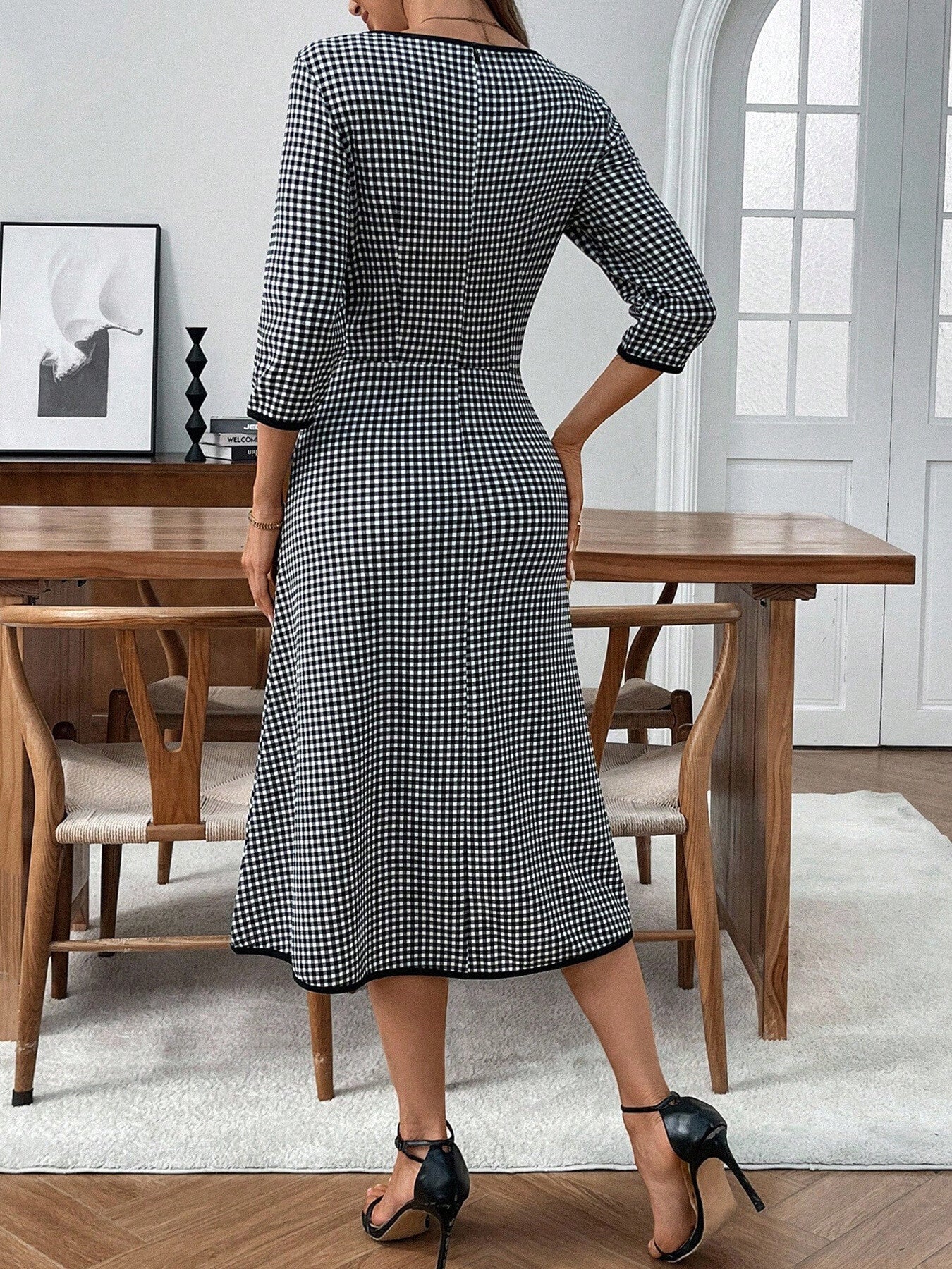 Plaid Round Neck 3/4 Sleeve Dress