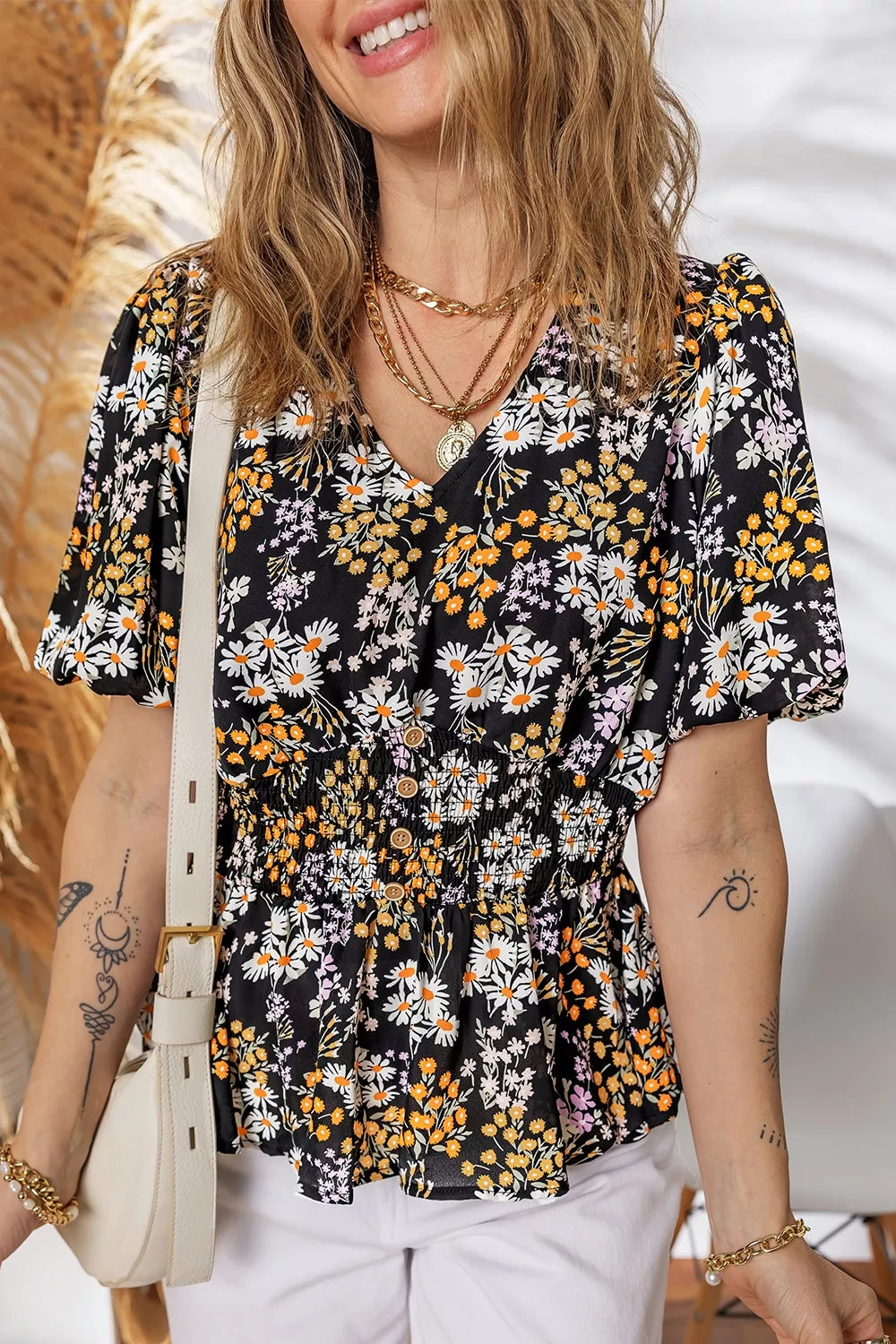 Floral Print V Neck Smocked Babydoll Blouse