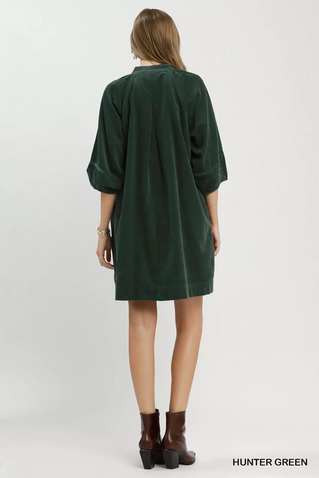 Umgee Corduroy V-Neck Puff Sleeve Shift Dress with Pockets