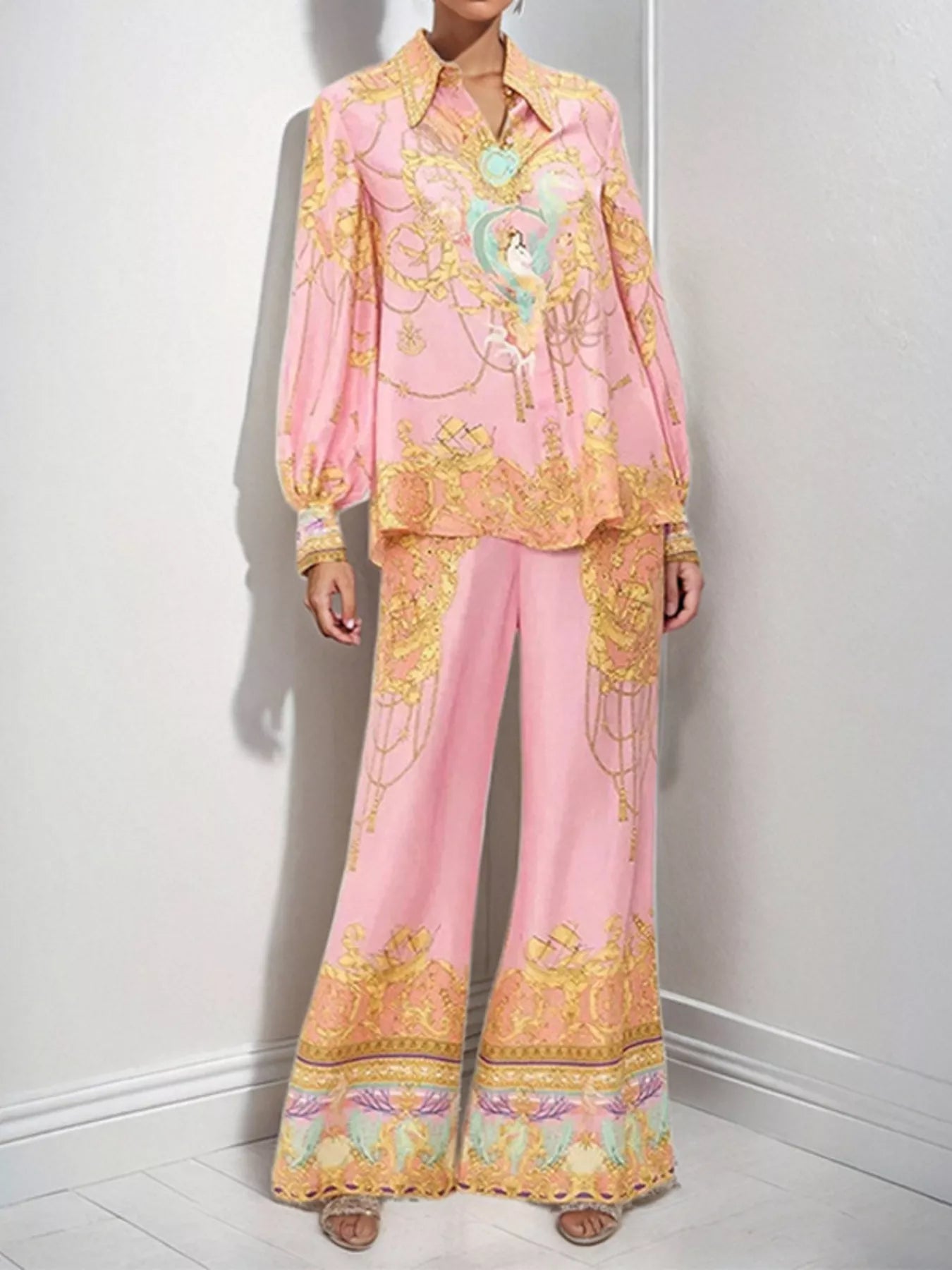 Printed Lantern Sleeve Top and Pants Set