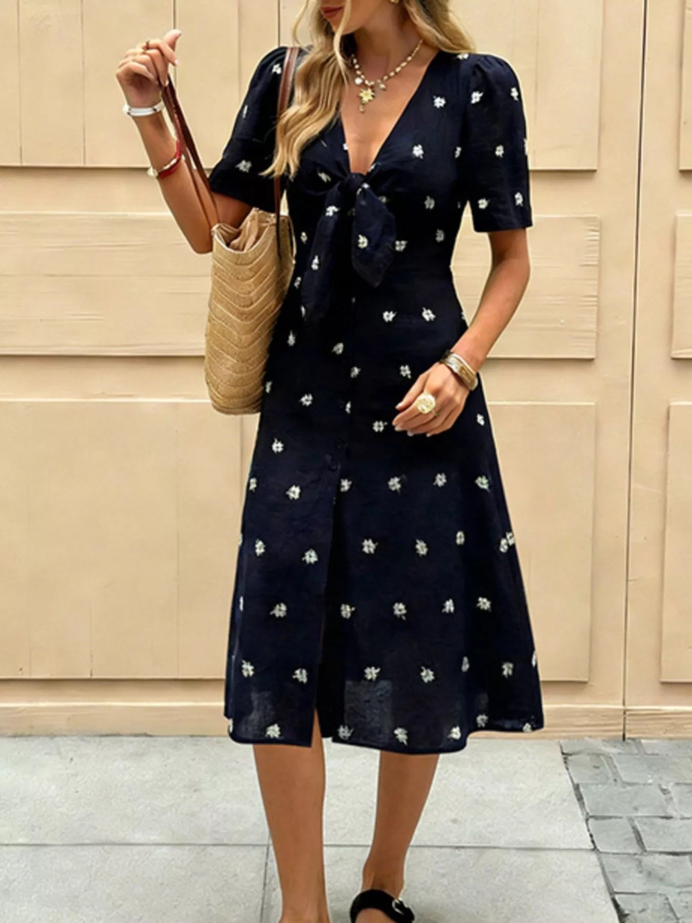 Daisy Print Tie-Front Midi Dress