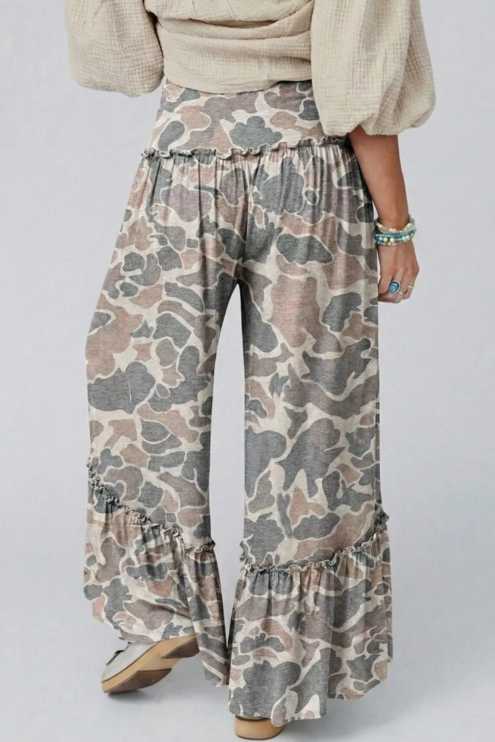 Camo Print Ruffle Hem Wide Leg Pants