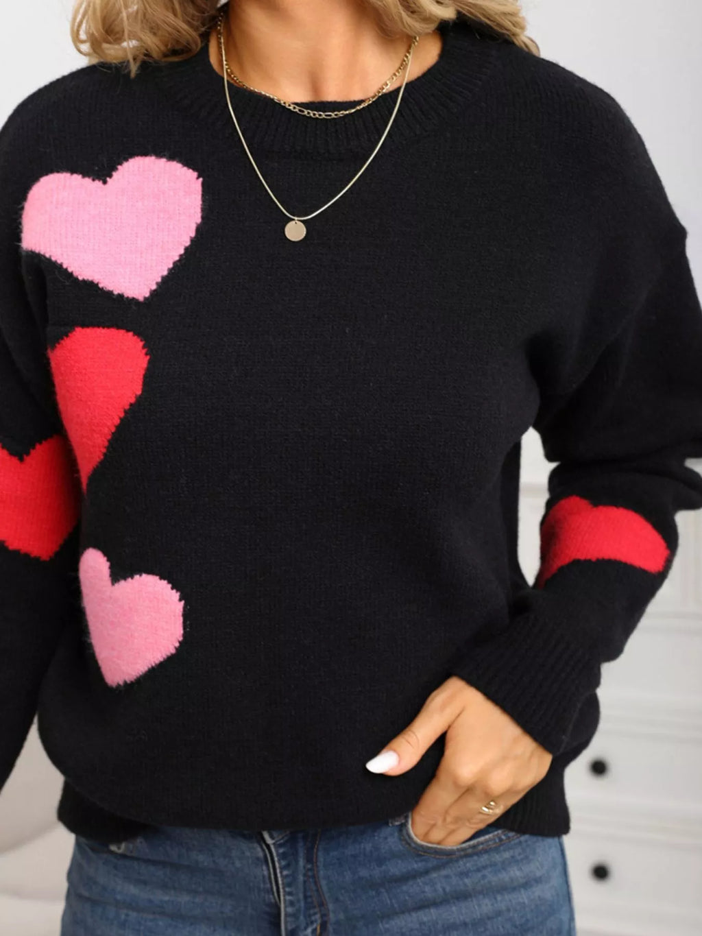 Valentine's Day Heart Pattern Round Neck Sweater