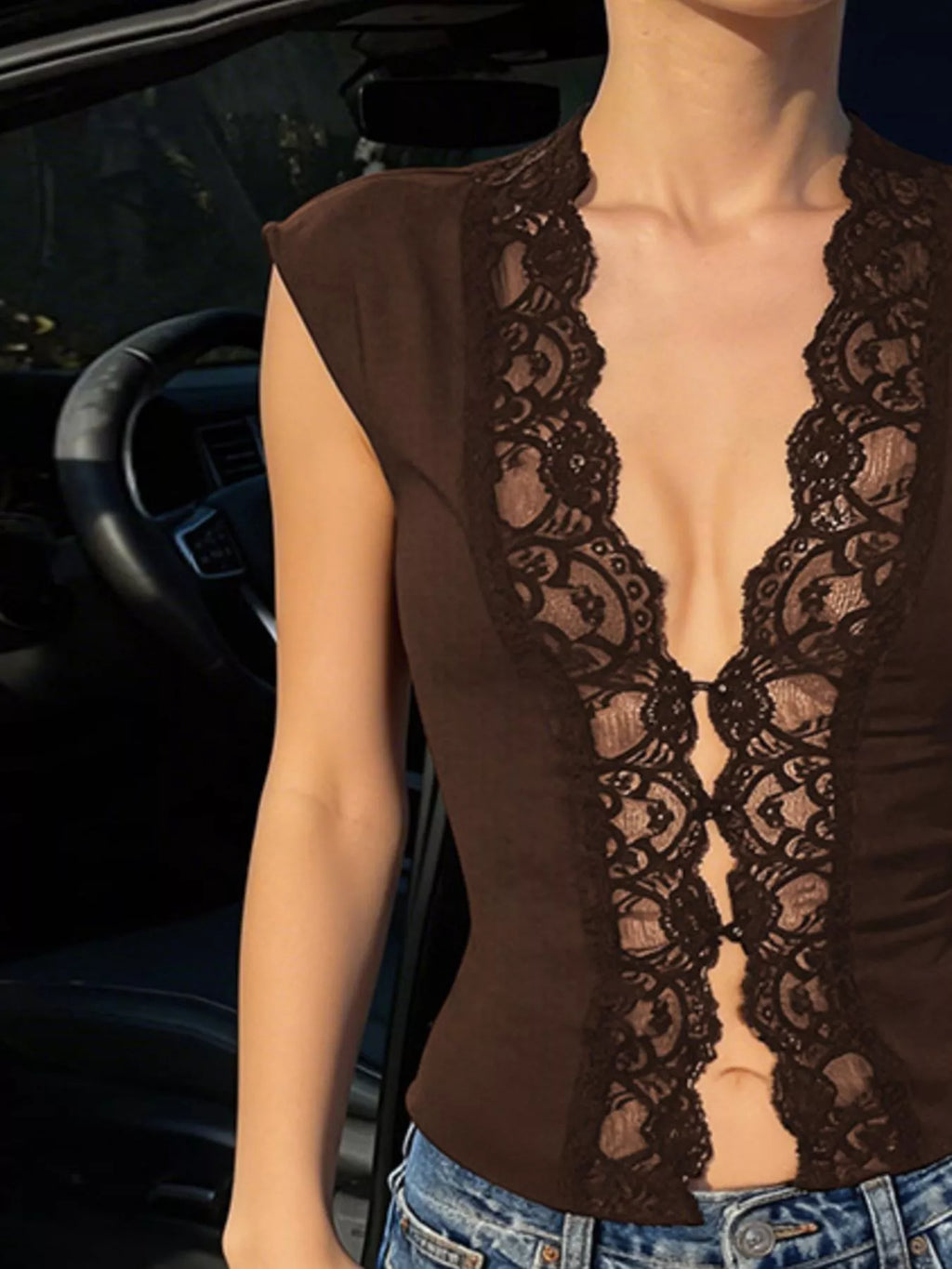Lace Trim Button Front Vest