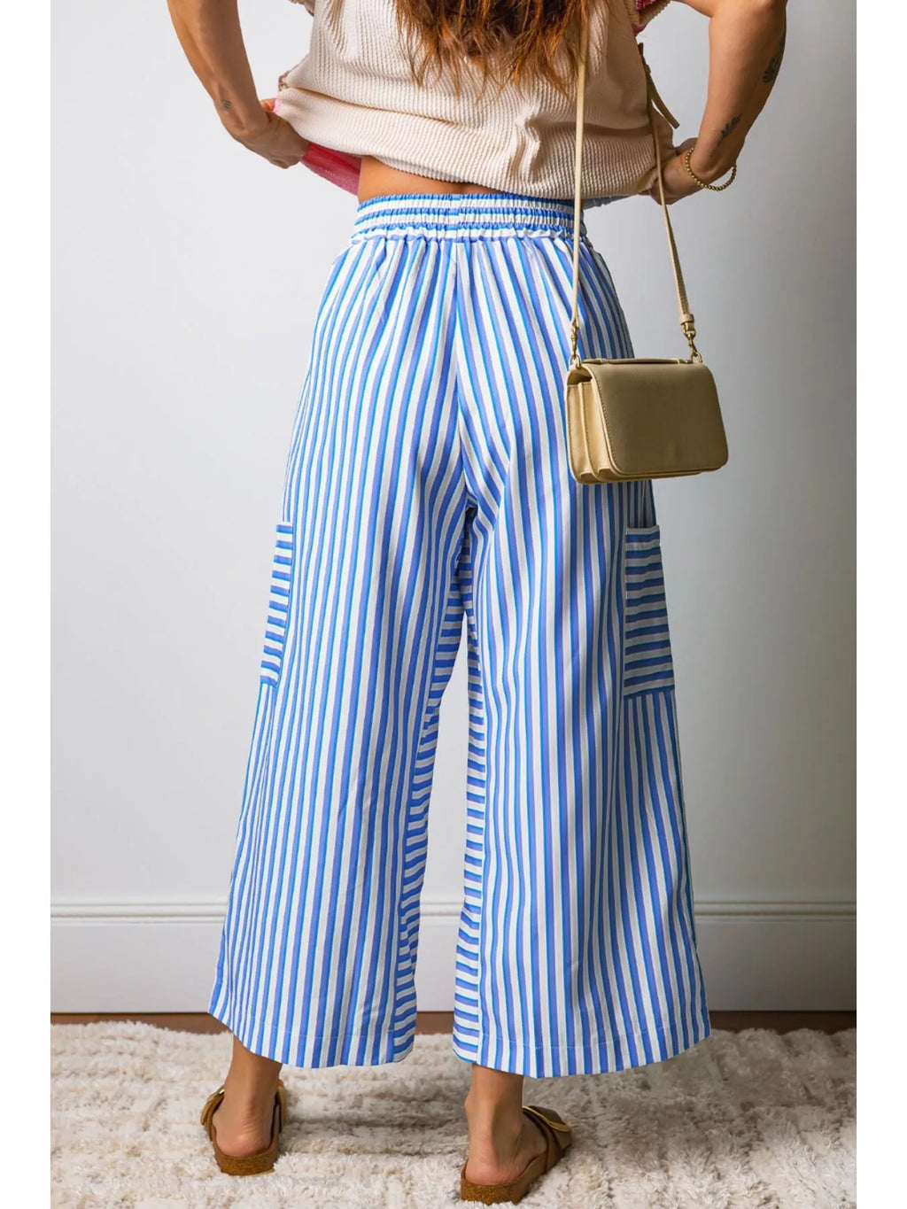 Stripe Drawstring Elastic Waist Patch Pocket Wide Leg Ankle-length Pants
