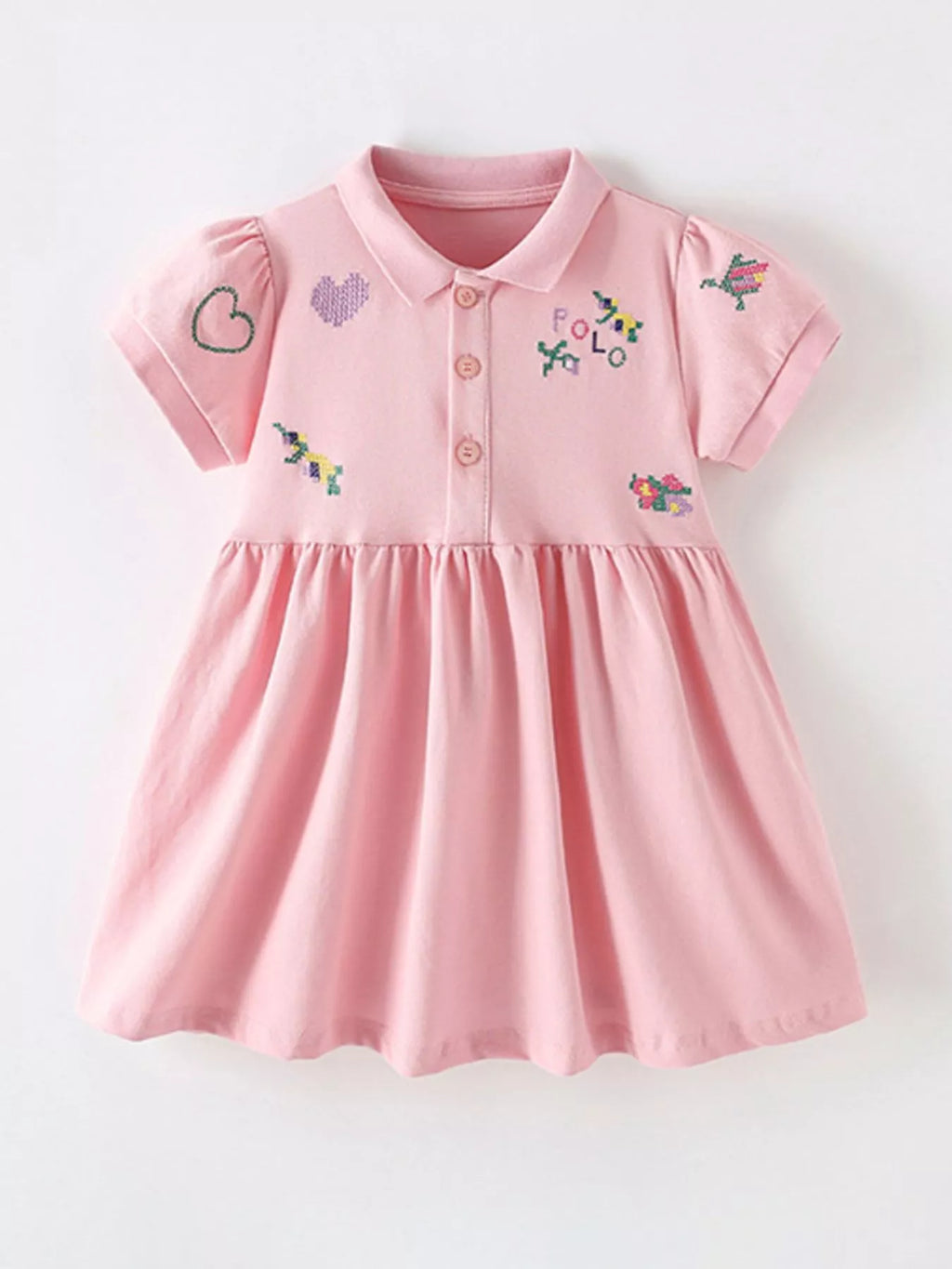 Children's Embroidered Polo Collar Short Sleeve Dress