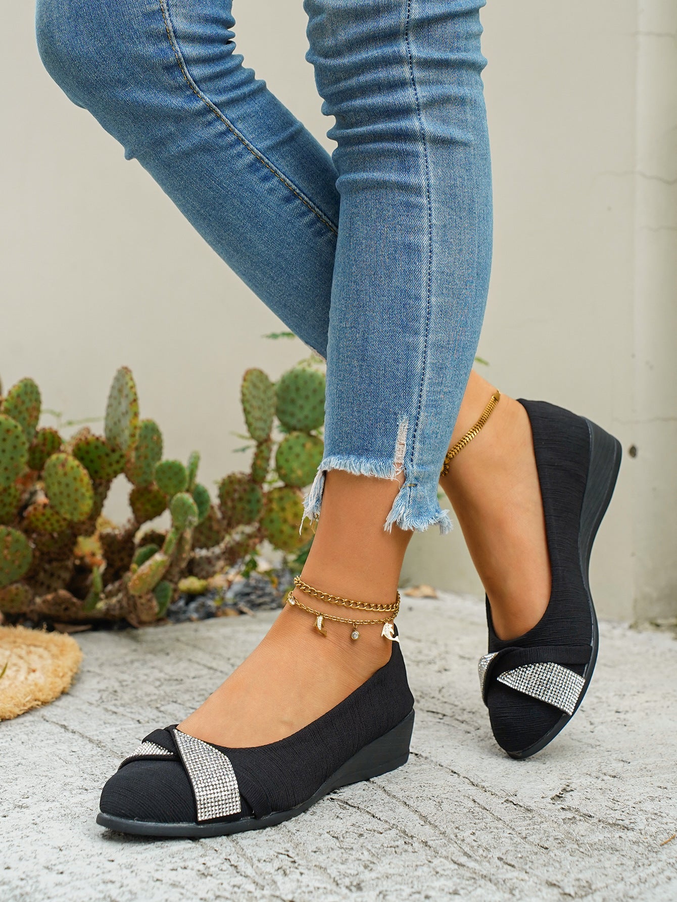 Rhinestone Embellished Wedge Slip-Ons