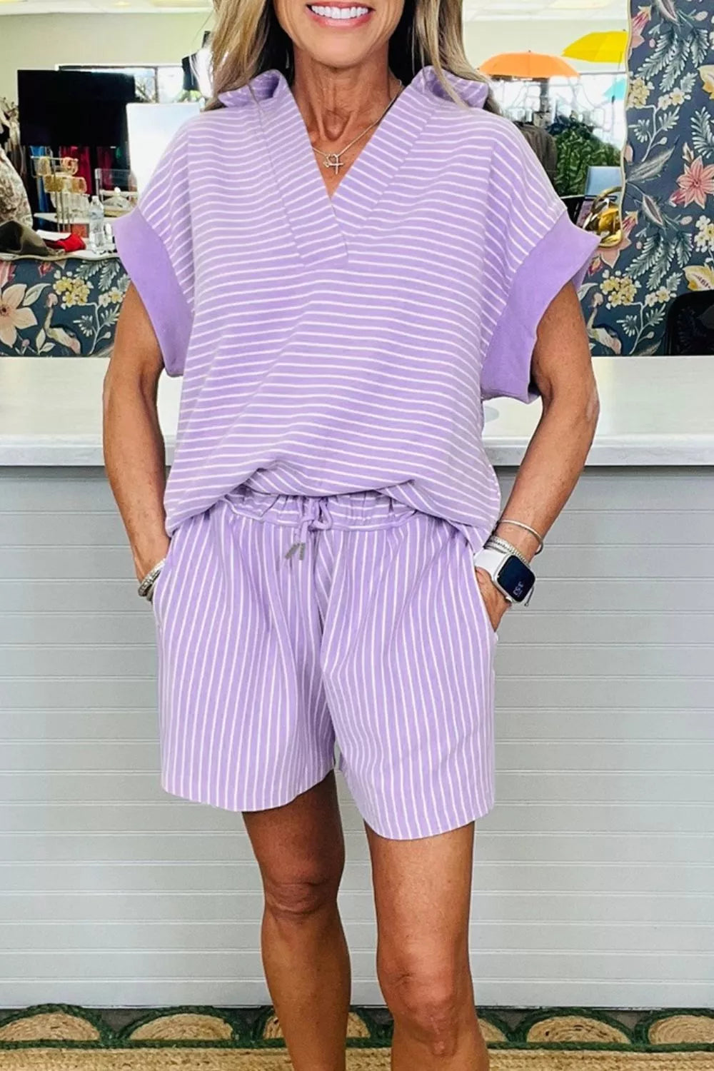 Stripe Dolman Sleeve Polo Shirt and Drawstring Shorts Set